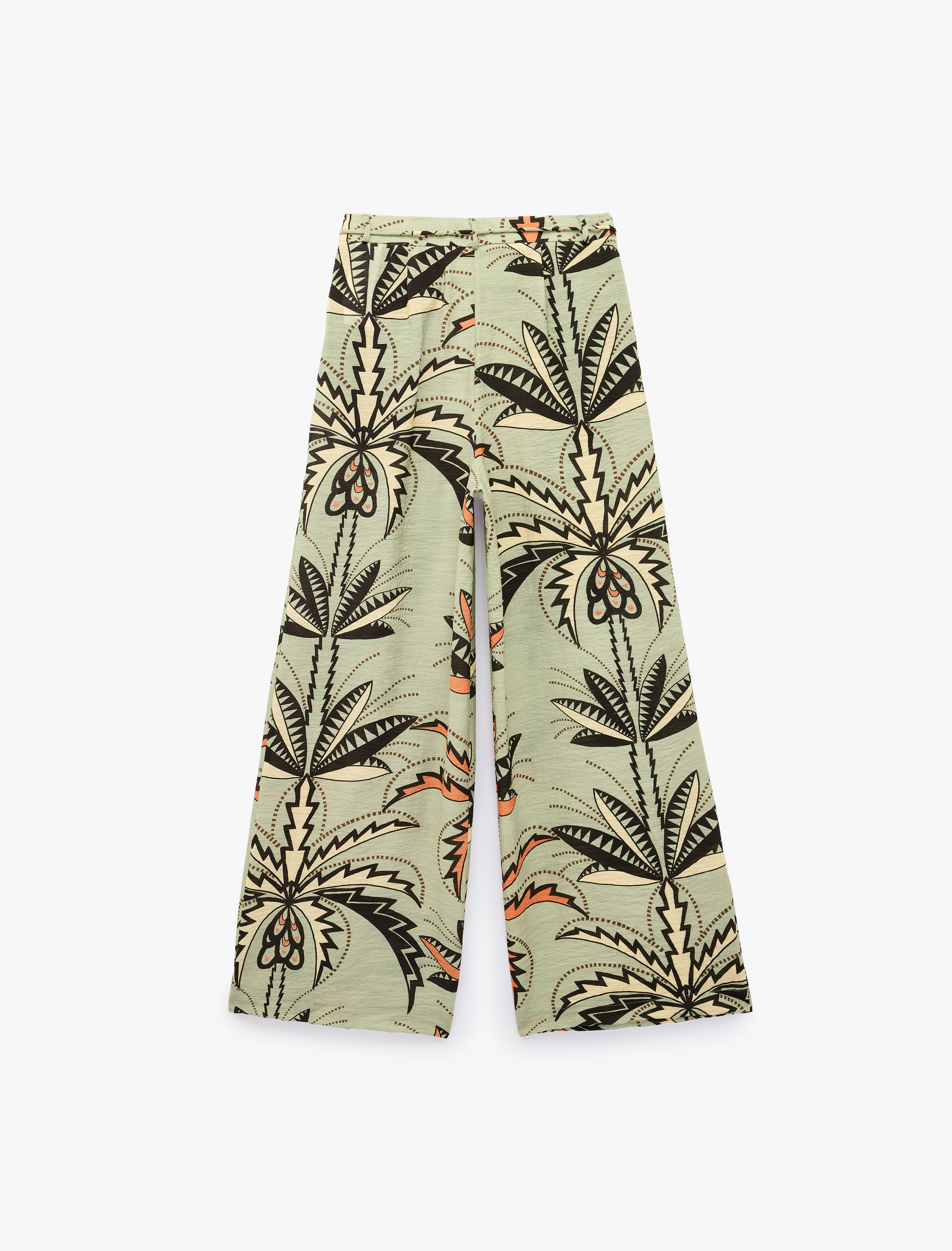   Viskon Kumaş Pile Detaylı Cepli Kemerli Floral Desenli Geniş Paça Pantolon