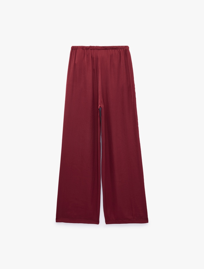  Aerobin Kumaş Straight Fit Cepli Düz Geniş Paça Saten Pantolon
