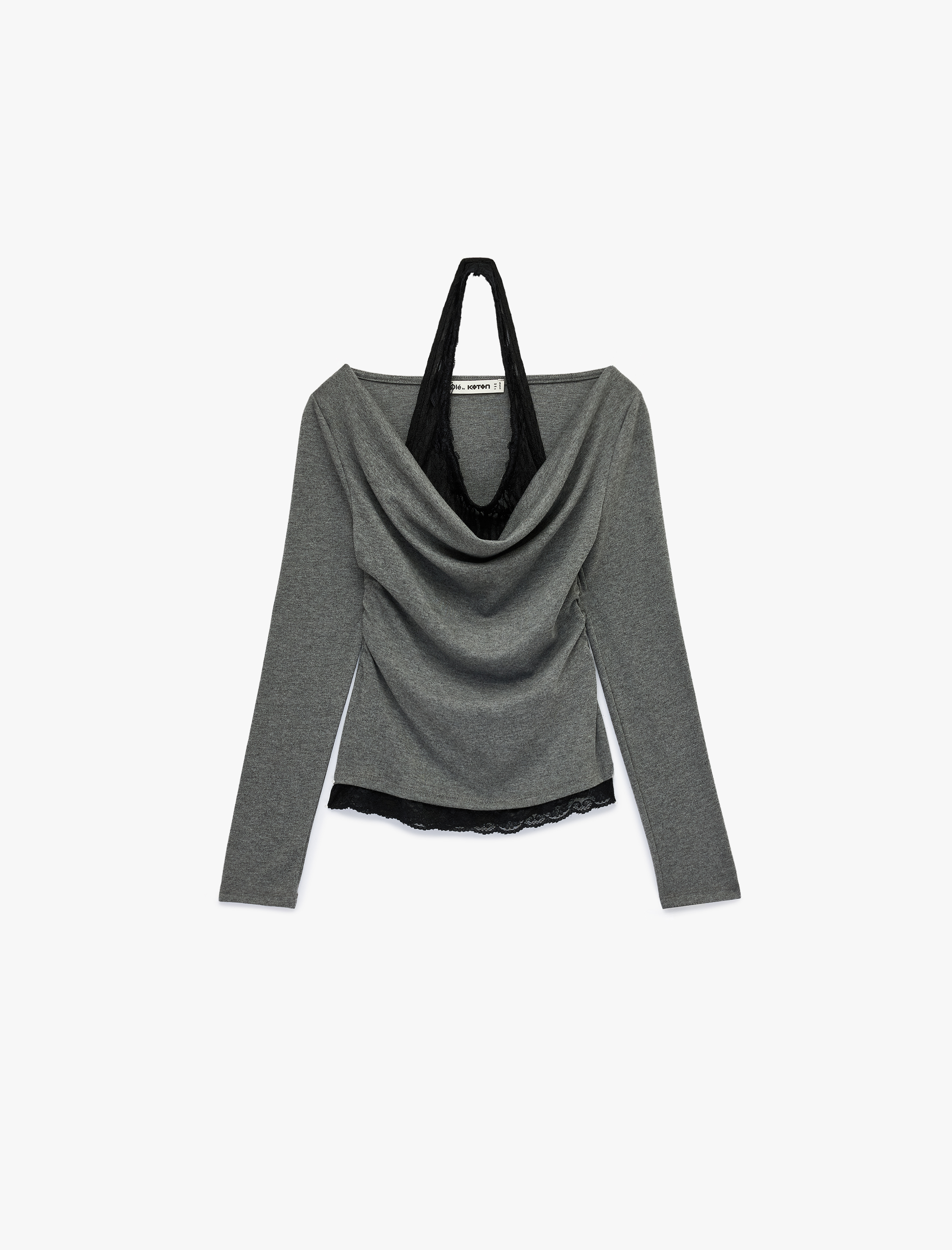   Viskon Karışımlı Slim Fit Uzun Kollu Dantel Detaylı Halter Yaka Tişört