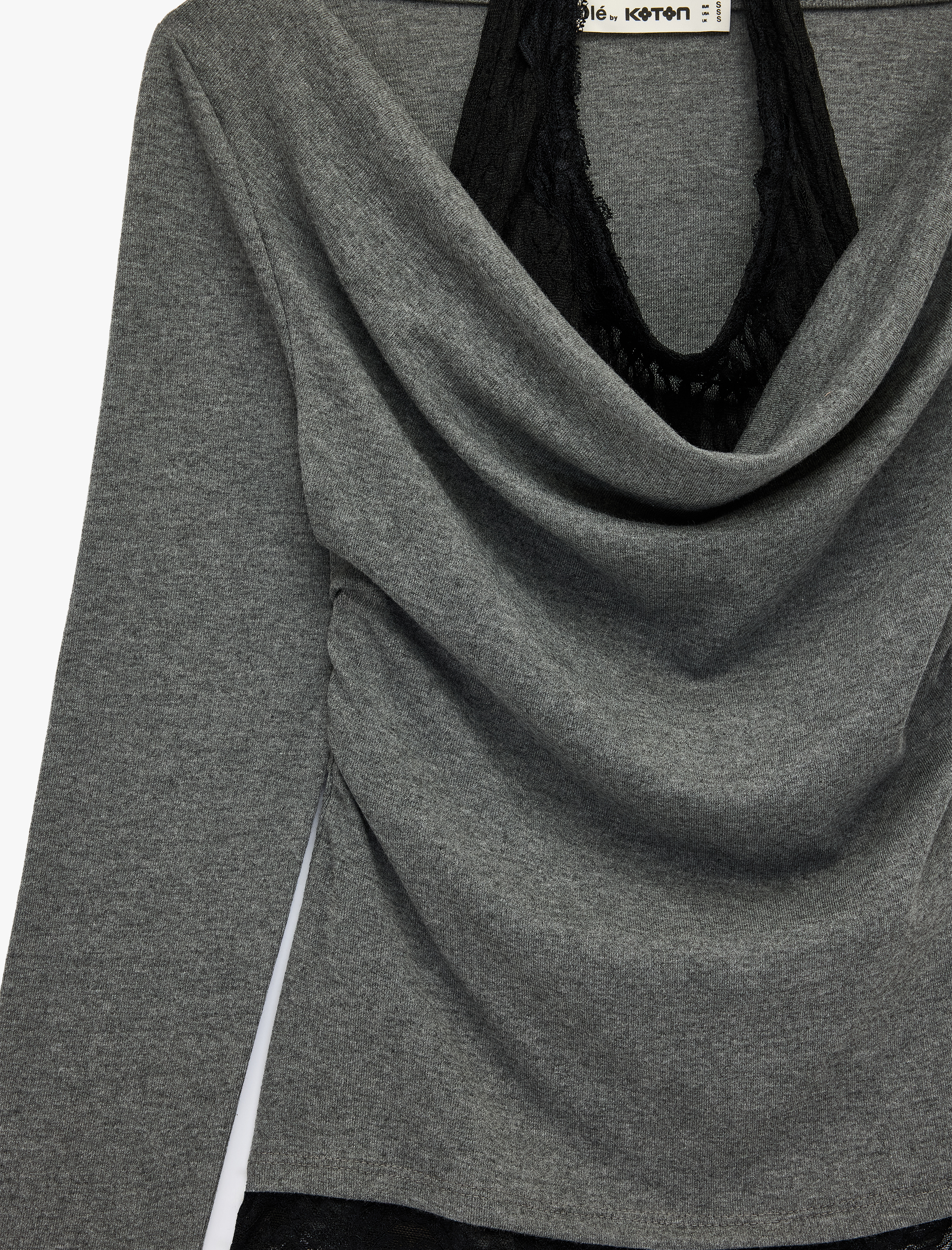   Viskon Karışımlı Slim Fit Uzun Kollu Dantel Detaylı Halter Yaka Tişört