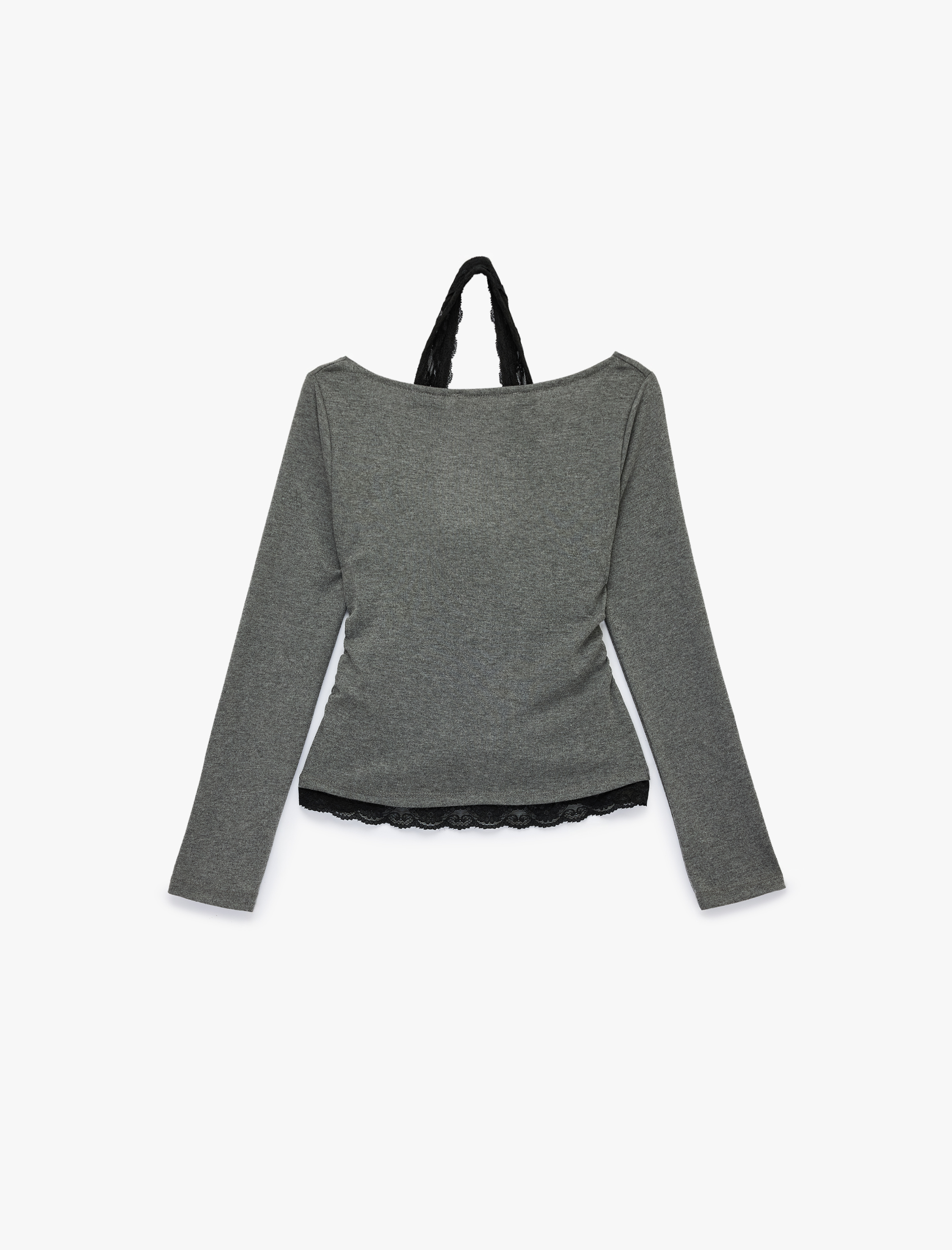   Viskon Karışımlı Slim Fit Uzun Kollu Dantel Detaylı Halter Yaka Tişört