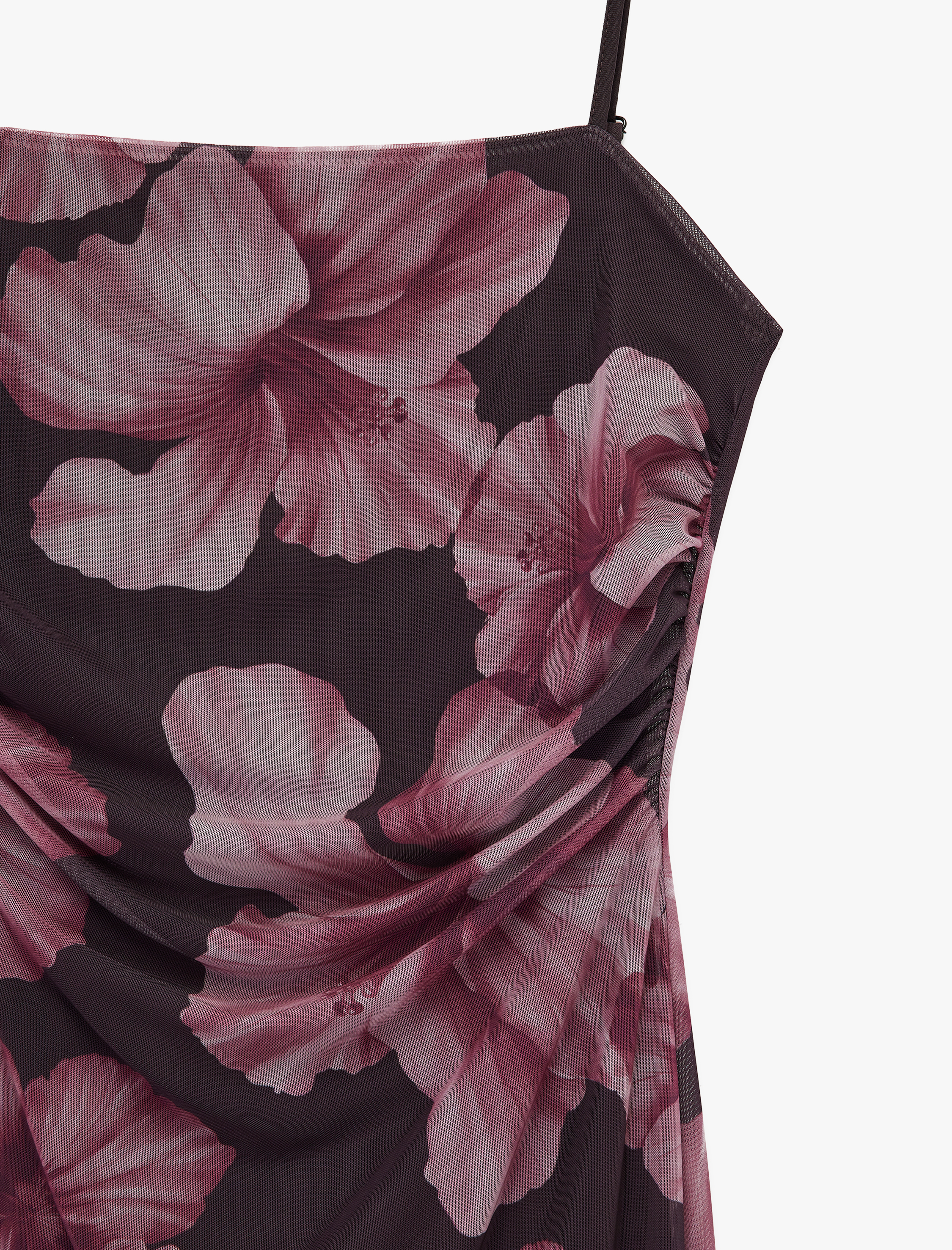   Kare Yaka Çiçek Desenli Askılı Midi Tül Bodycon Elbise
