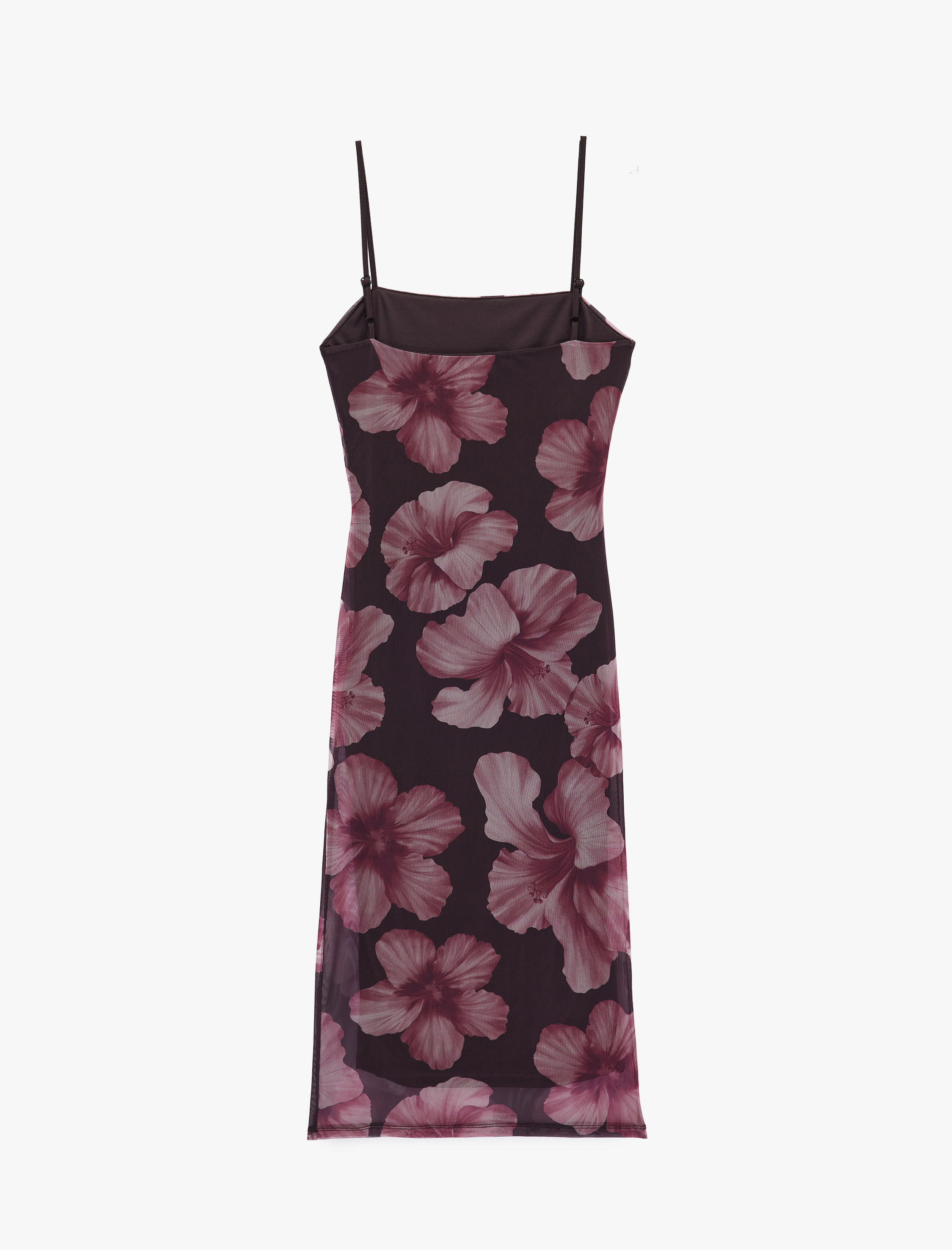   Kare Yaka Çiçek Desenli Askılı Midi Tül Bodycon Elbise