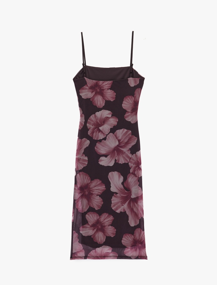  Kare Yaka Çiçek Desenli Askılı Midi Tül Bodycon Elbise