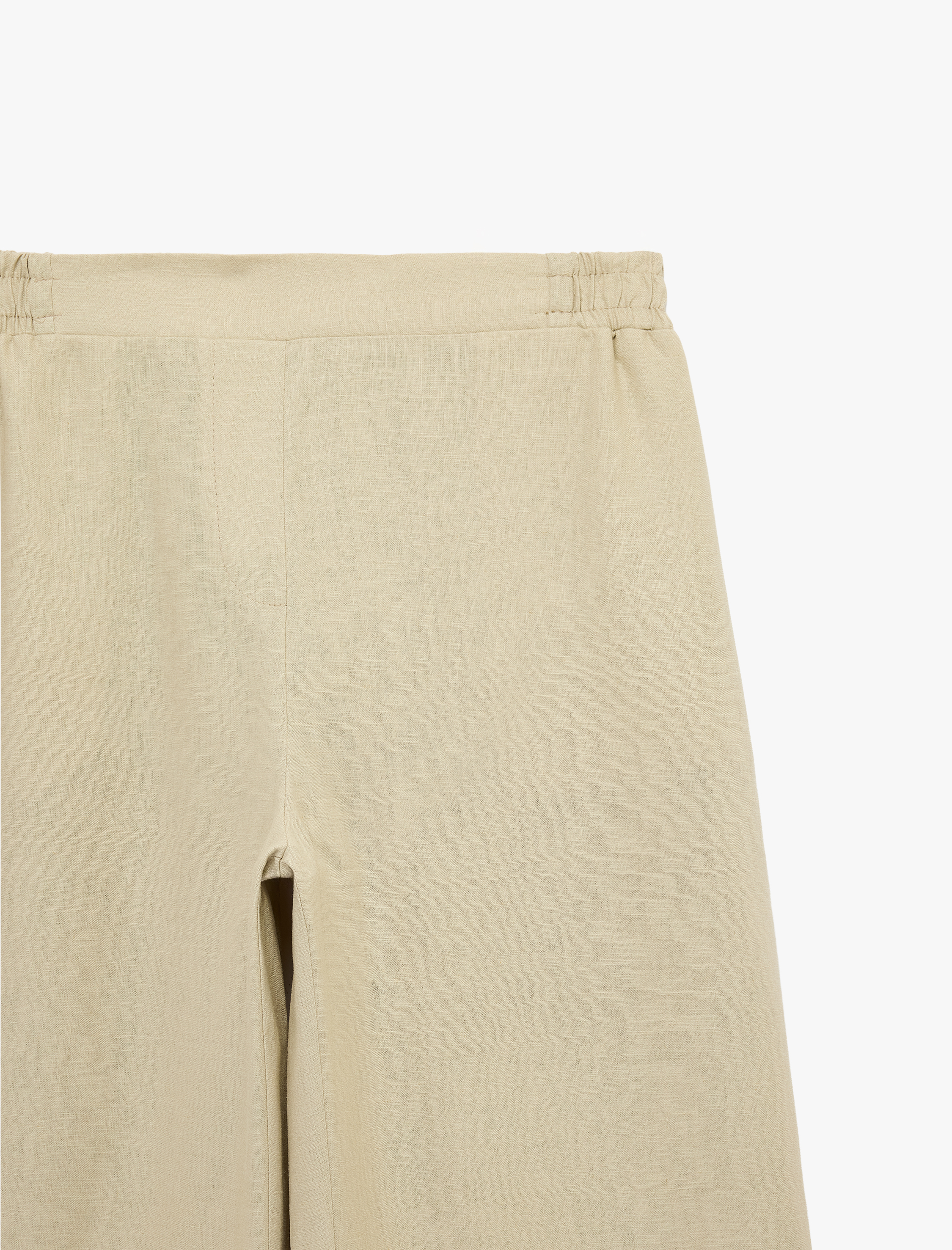   Beli Lastikli Cep Detaylı Düz Bol Paça Keten Pantolon