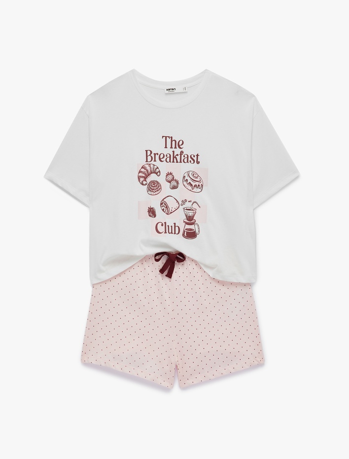  Pamuklu Bisiklet Yaka Kısa Kollu Rahat Kesim Baskılı Pijama Takımı
