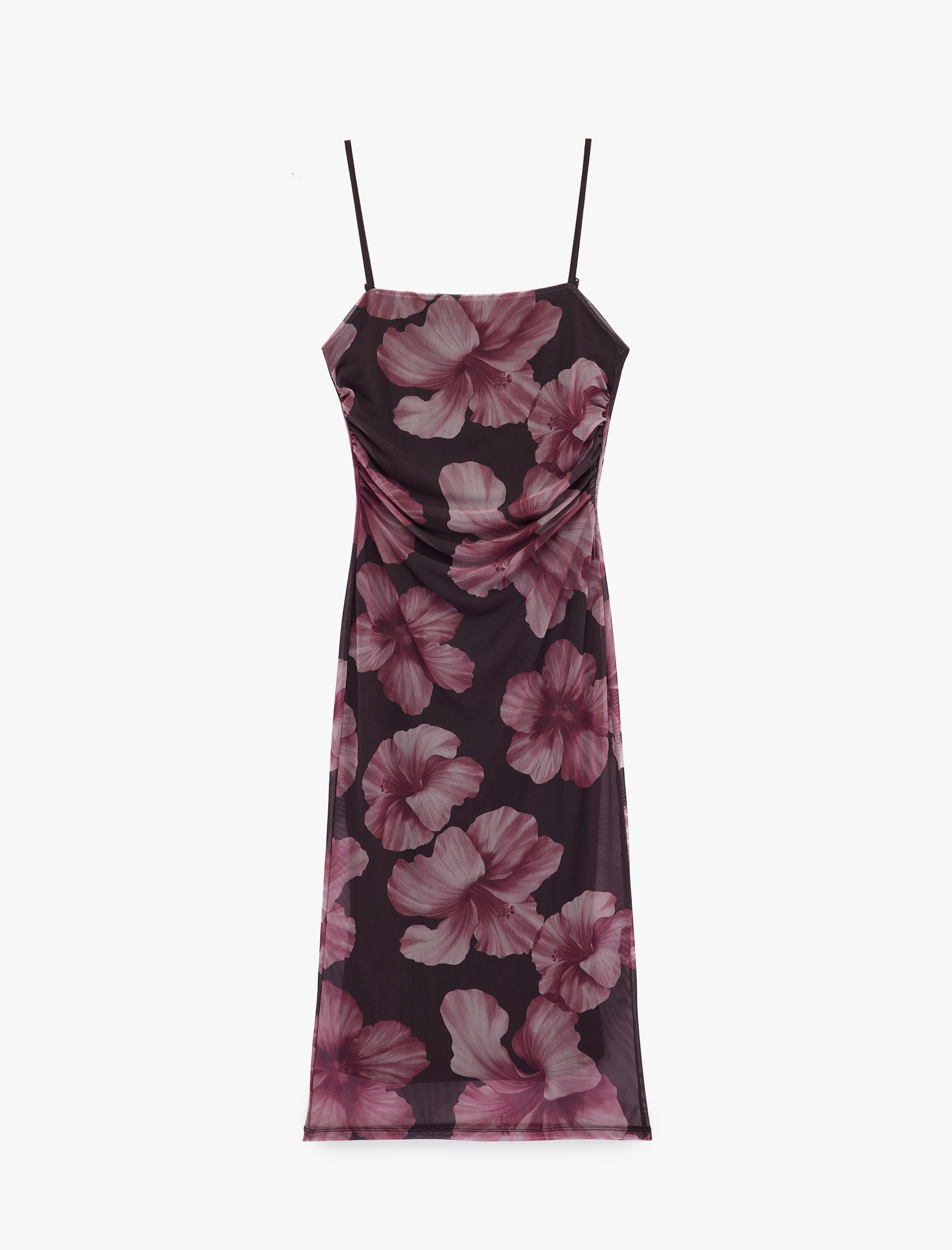   Kare Yaka Çiçek Desenli Askılı Midi Tül Bodycon Elbise