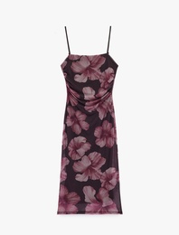 Kare Yaka Çiçek Desenli Askılı Midi Tül Bodycon Elbise