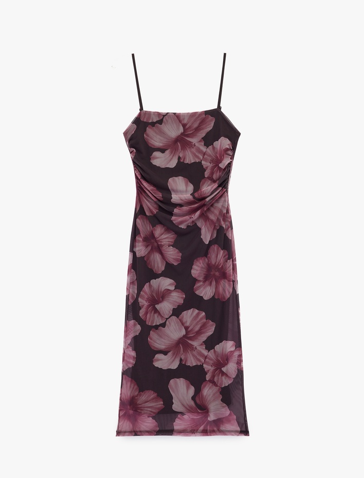  Kare Yaka Çiçek Desenli Askılı Midi Tül Bodycon Elbise