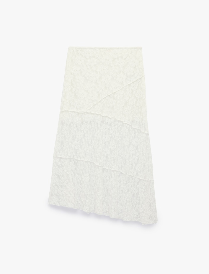  Yüksek Bel Slim Fit Dikiş Detaylı Dantel Asimetrik Midi Etek