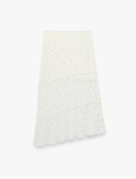 Yüksek Bel Slim Fit Dikiş Detaylı Dantel Asimetrik Midi Etek