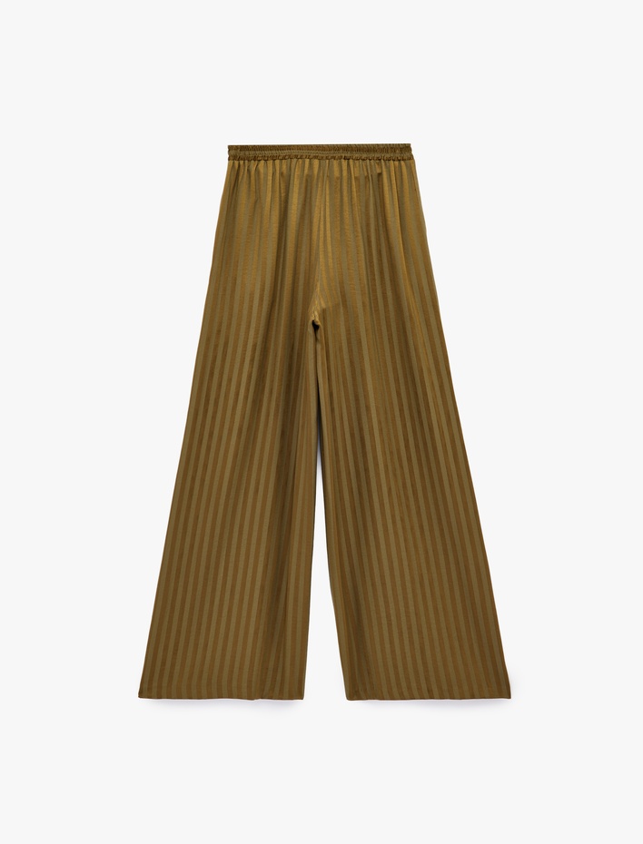  Beli Lastikli Cepli Yüksek Bel Çizgili Geniş Paça Saten Pantolon