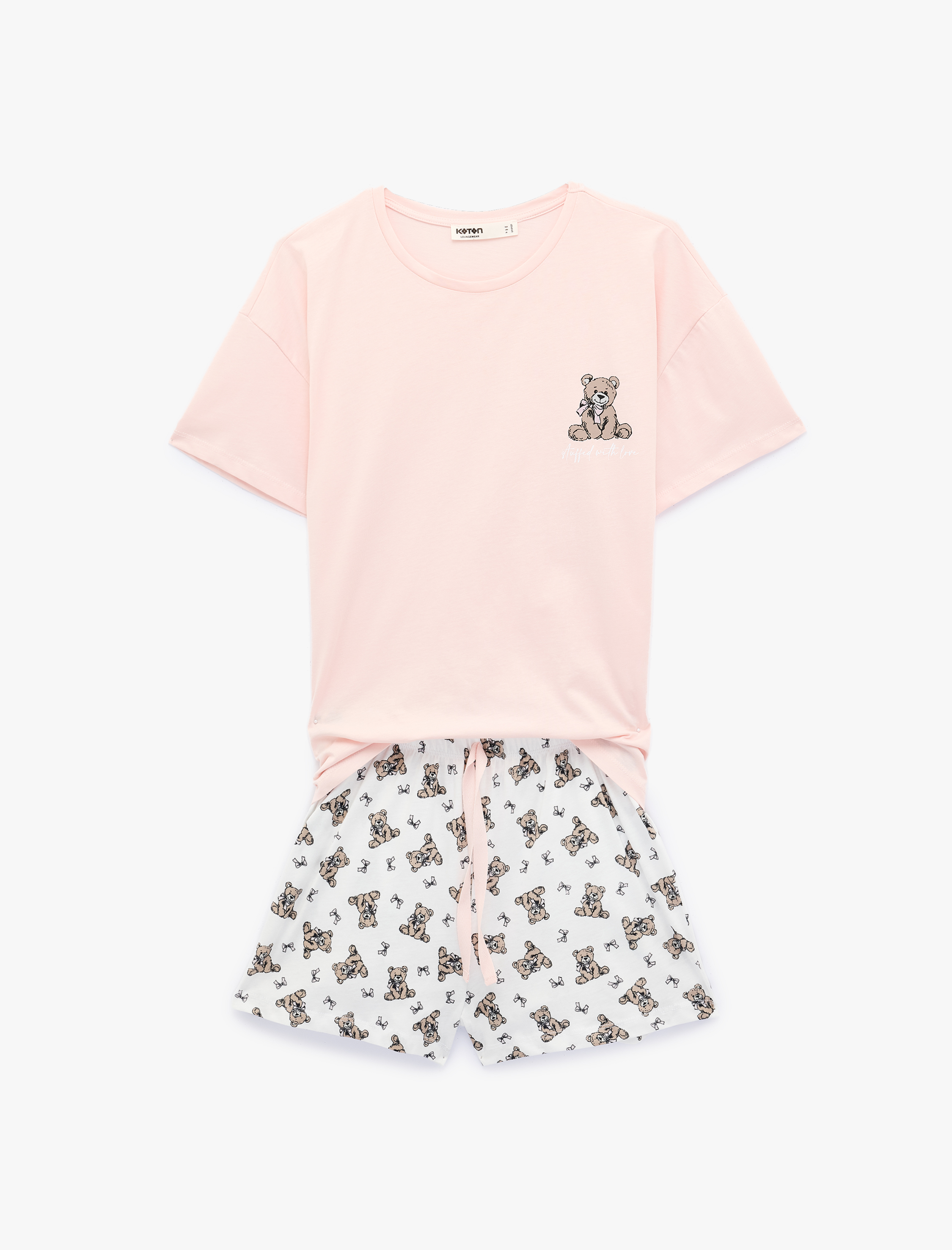   Pamuklu Bisiklet Yaka Kısa Kollu Rahat Kesim Baskılı Pijama Takımı