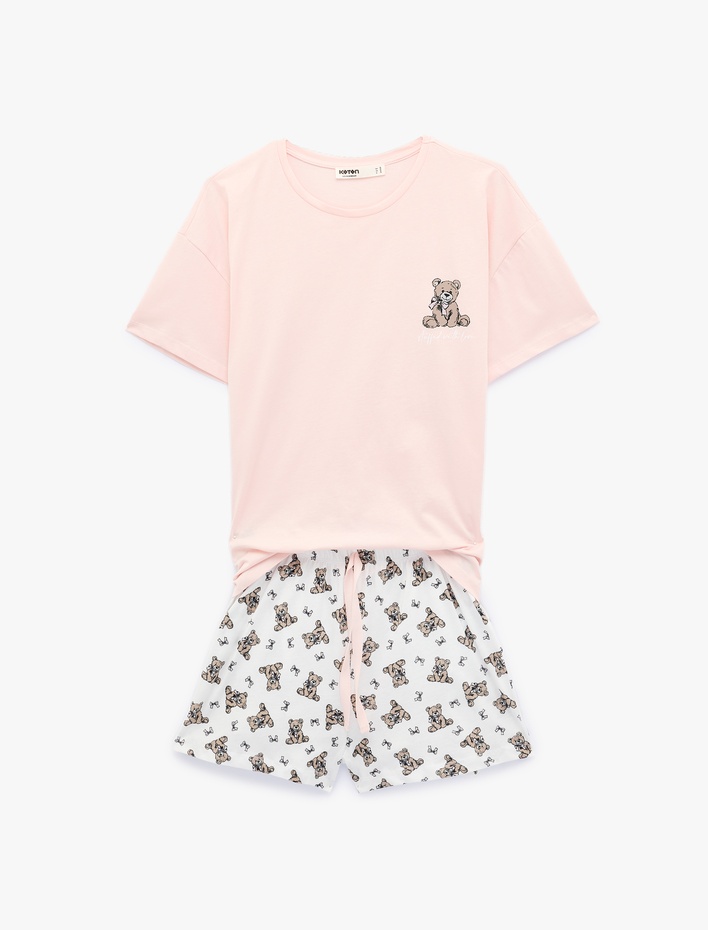  Pamuklu Bisiklet Yaka Kısa Kollu Rahat Kesim Baskılı Pijama Takımı