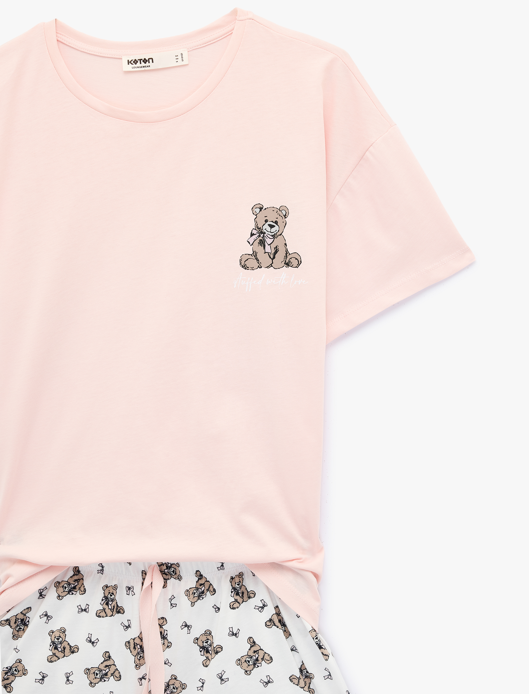   Pamuklu Bisiklet Yaka Kısa Kollu Rahat Kesim Baskılı Pijama Takımı