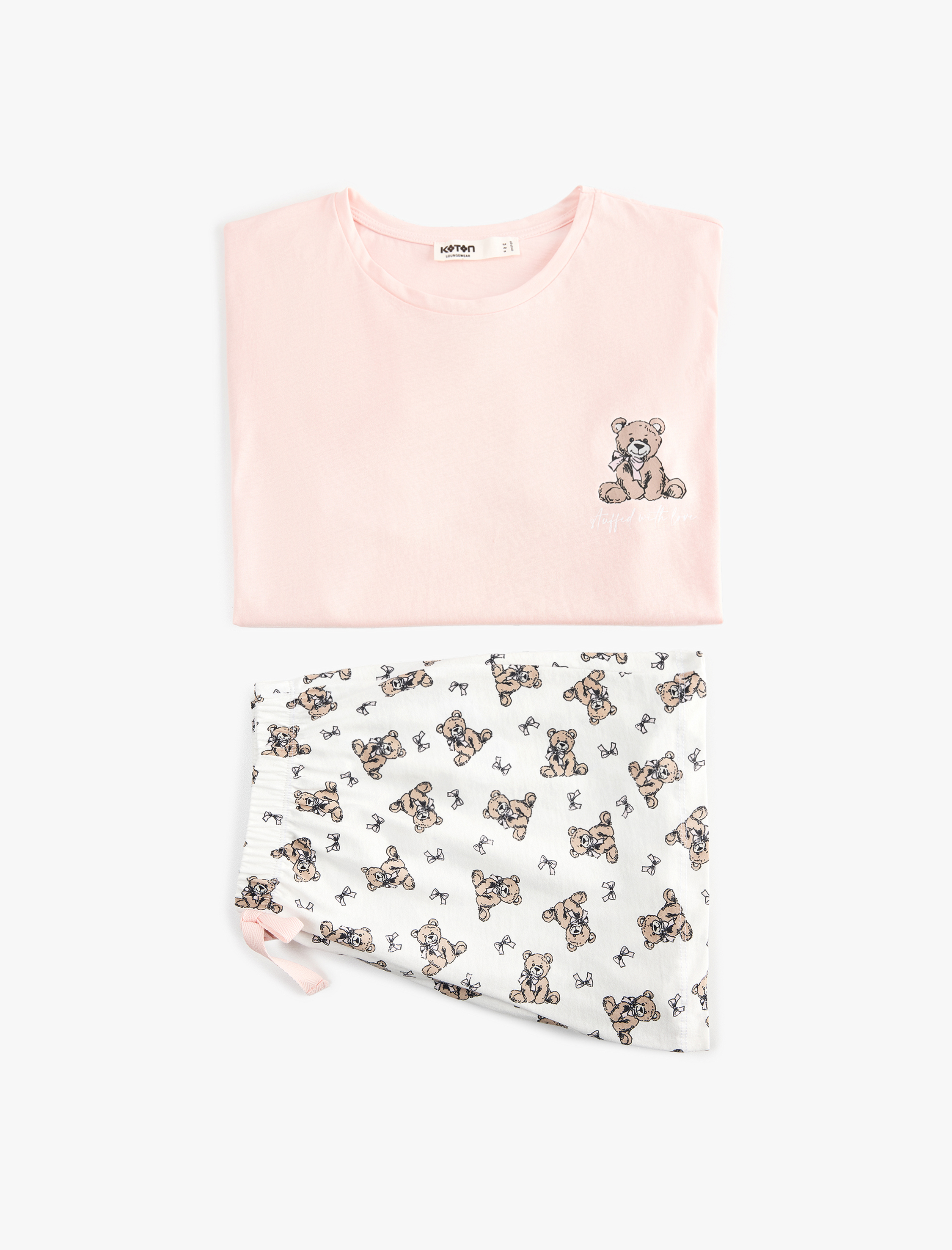   Pamuklu Bisiklet Yaka Kısa Kollu Rahat Kesim Baskılı Pijama Takımı