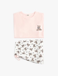 Pamuklu Bisiklet Yaka Kısa Kollu Rahat Kesim Baskılı Pijama Takımı