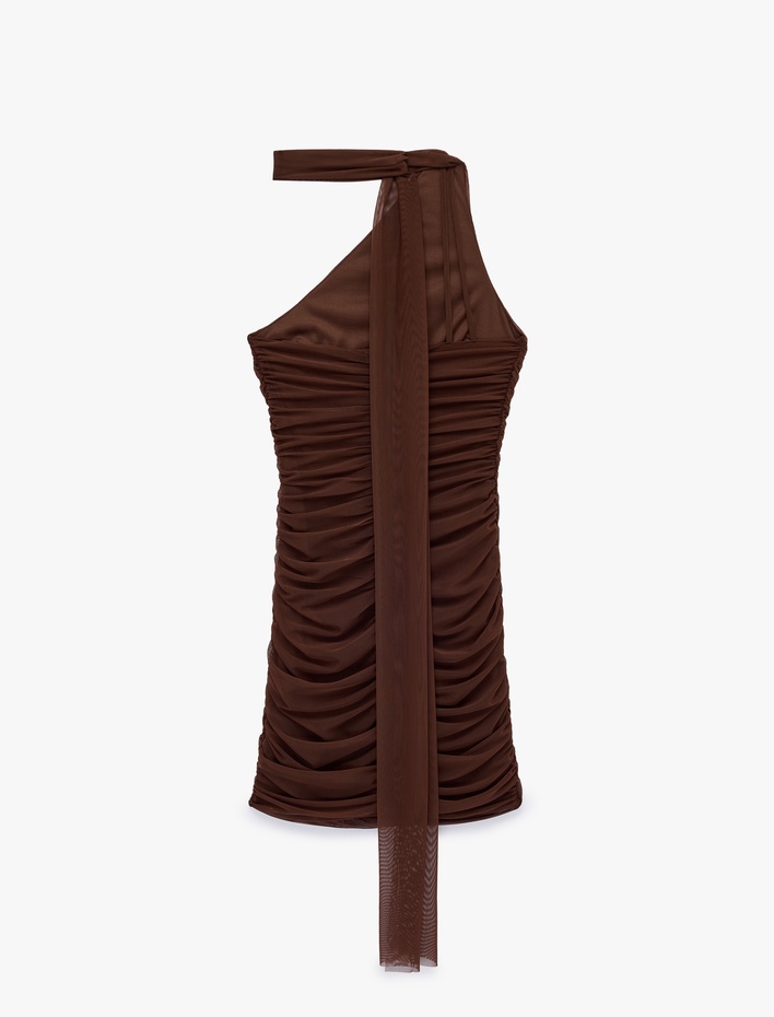  Slim Fit Drapeli Tek Omuz Mini Bodycon Elbise