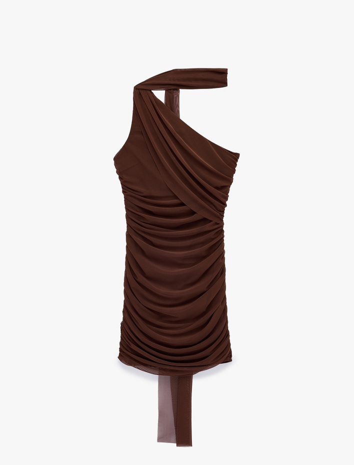  Slim Fit Drapeli Tek Omuz Mini Bodycon Elbise