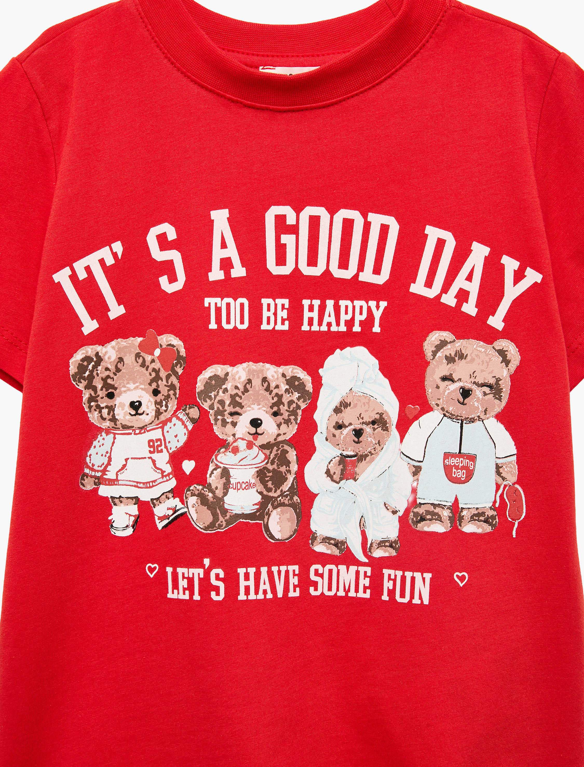  Kız Çocuk Pamuklu Bisiklet Yaka Kısa Kollu Ayıcık Baskılı Tişört