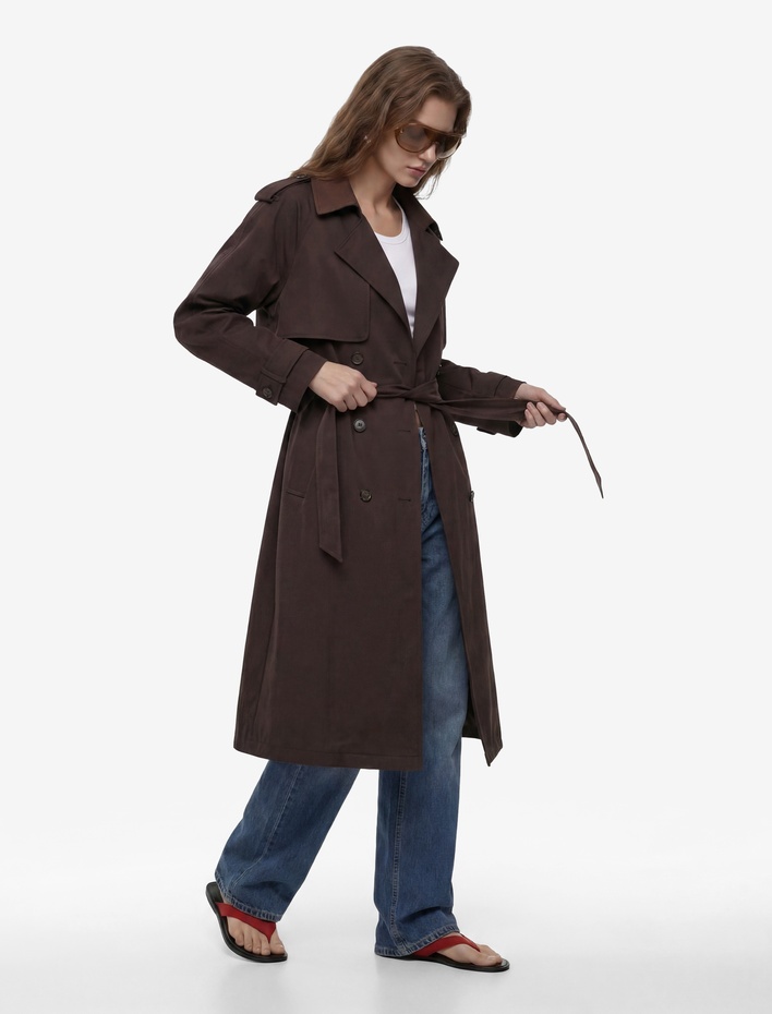  Uzun Kollu Yakası Süet Görünümlü Kemerli Kruvaze Oversize Gabardin Trençkot