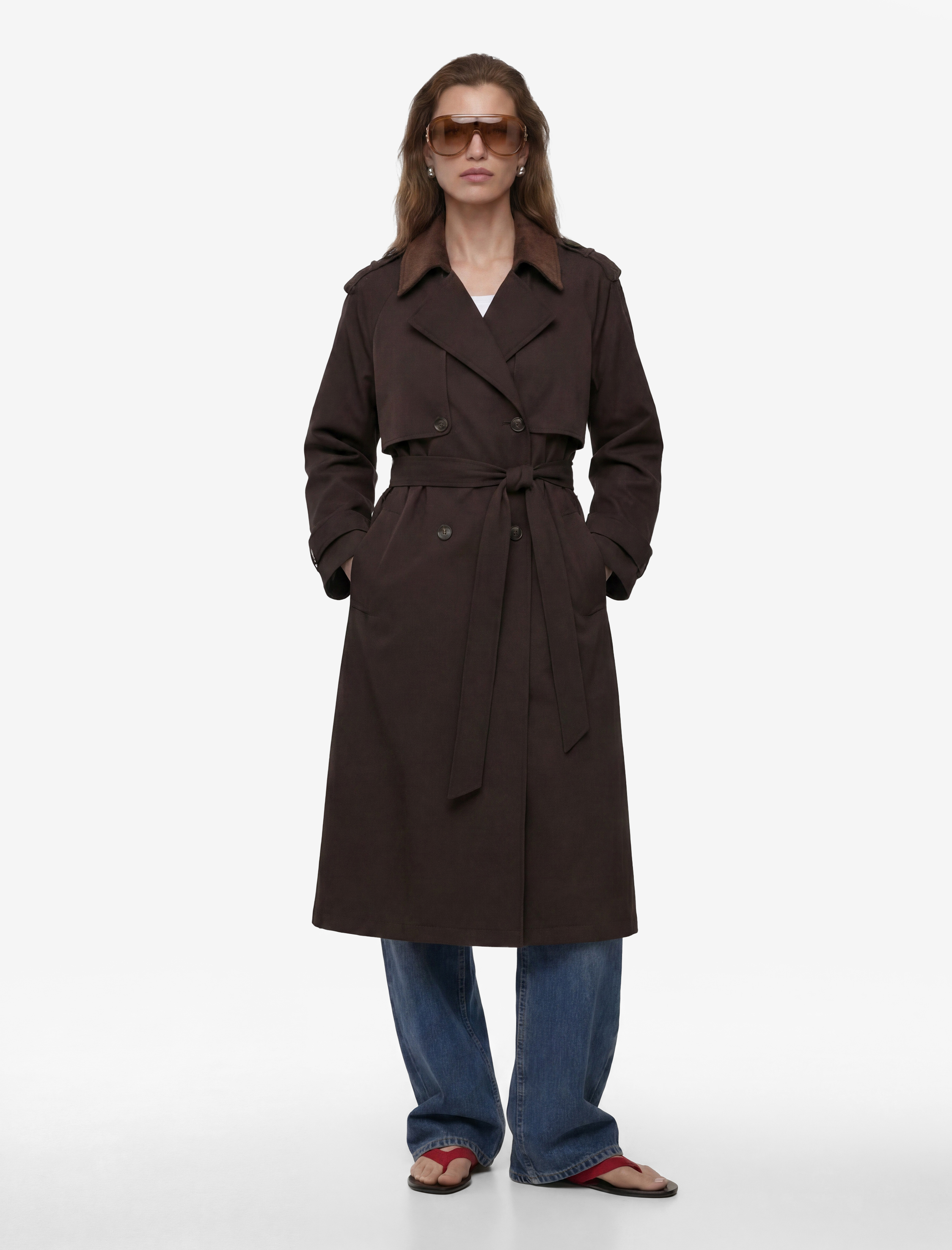   Uzun Kollu Yakası Süet Görünümlü Kemerli Kruvaze Oversize Gabardin Trençkot