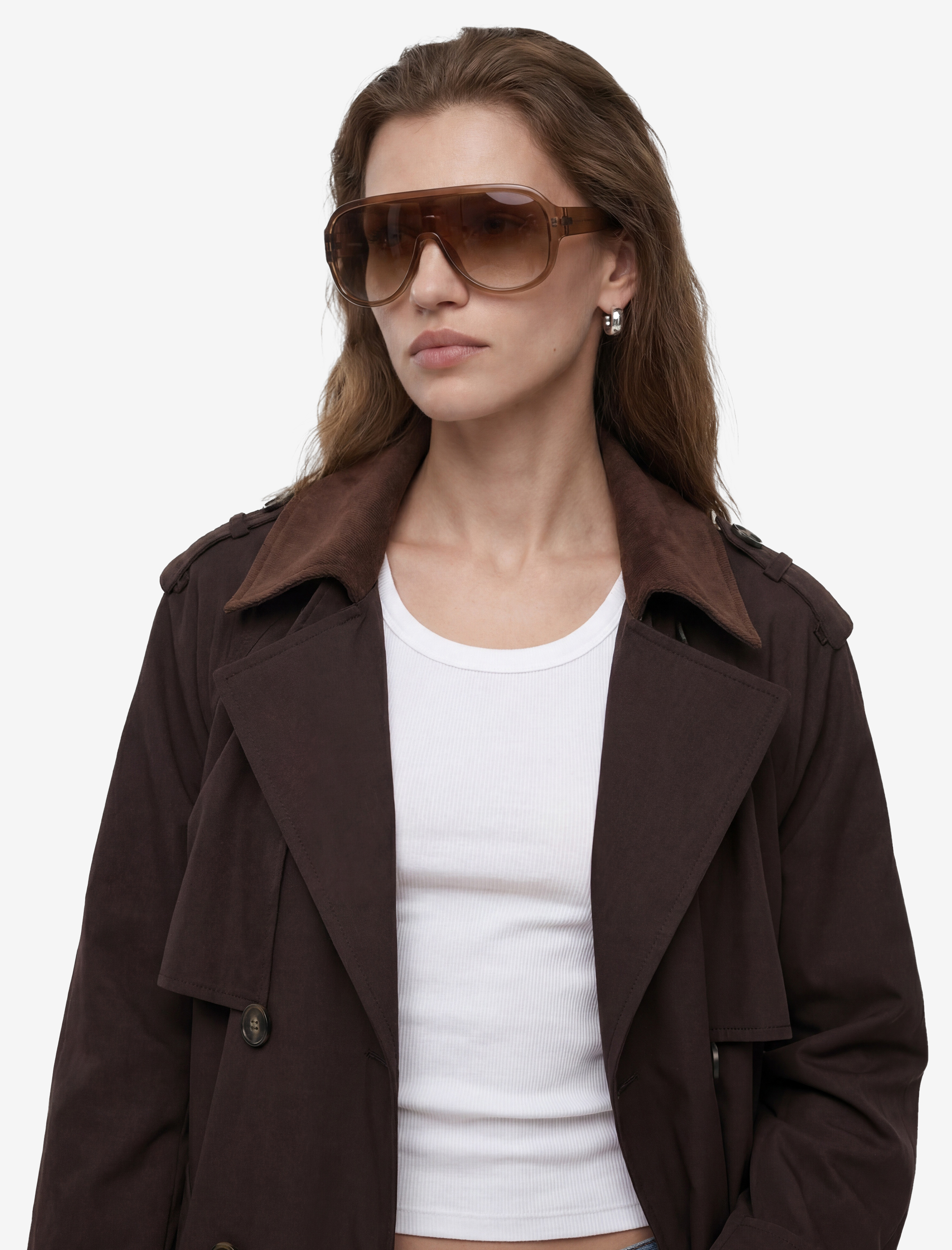   Uzun Kollu Yakası Süet Görünümlü Kemerli Kruvaze Oversize Gabardin Trençkot