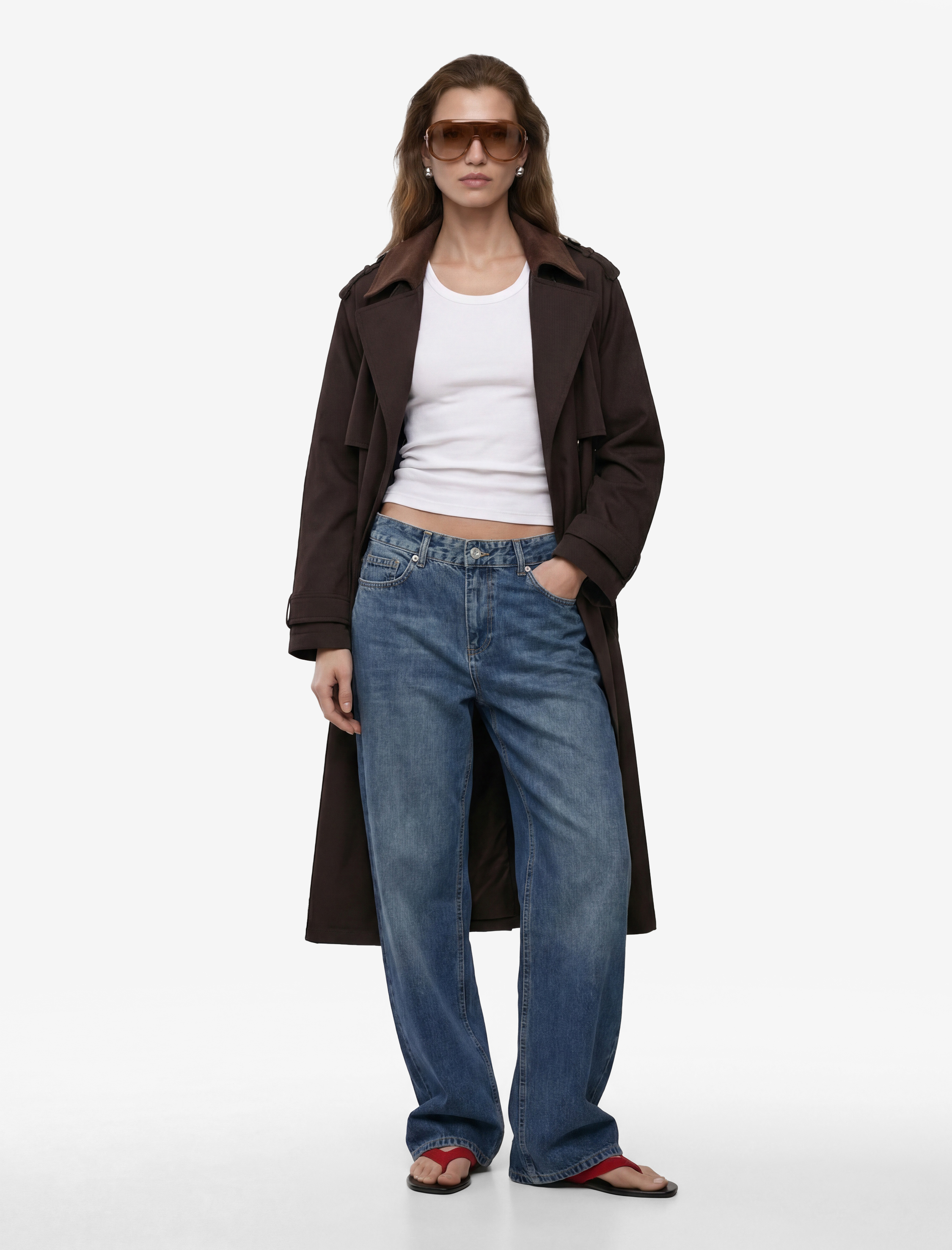   Uzun Kollu Yakası Süet Görünümlü Kemerli Kruvaze Oversize Gabardin Trençkot