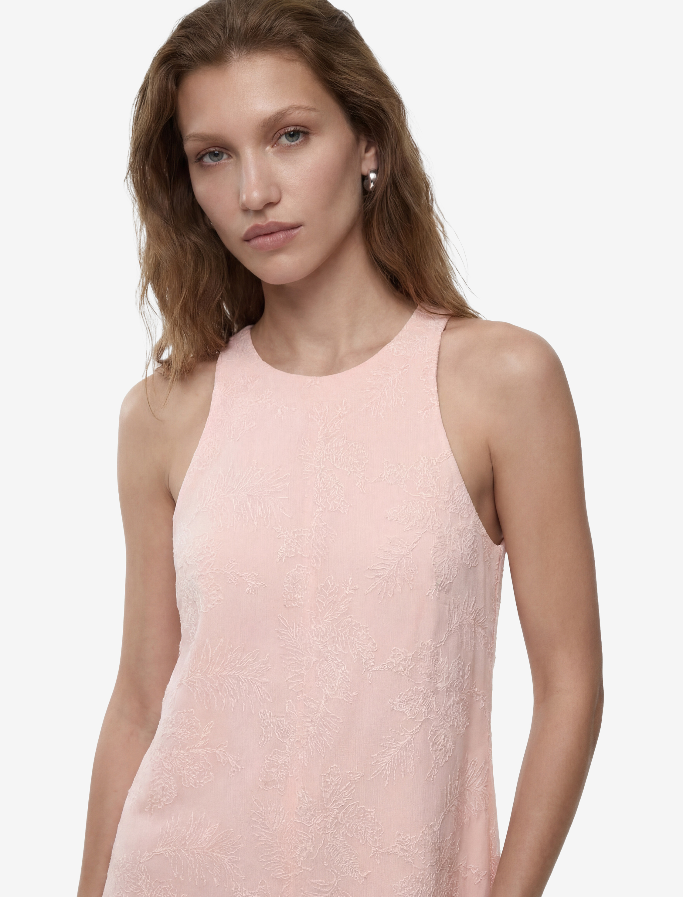   Pamuklu Kolsuz Floral Nakış Detaylı Brodeli Halter Yaka Mini Elbise