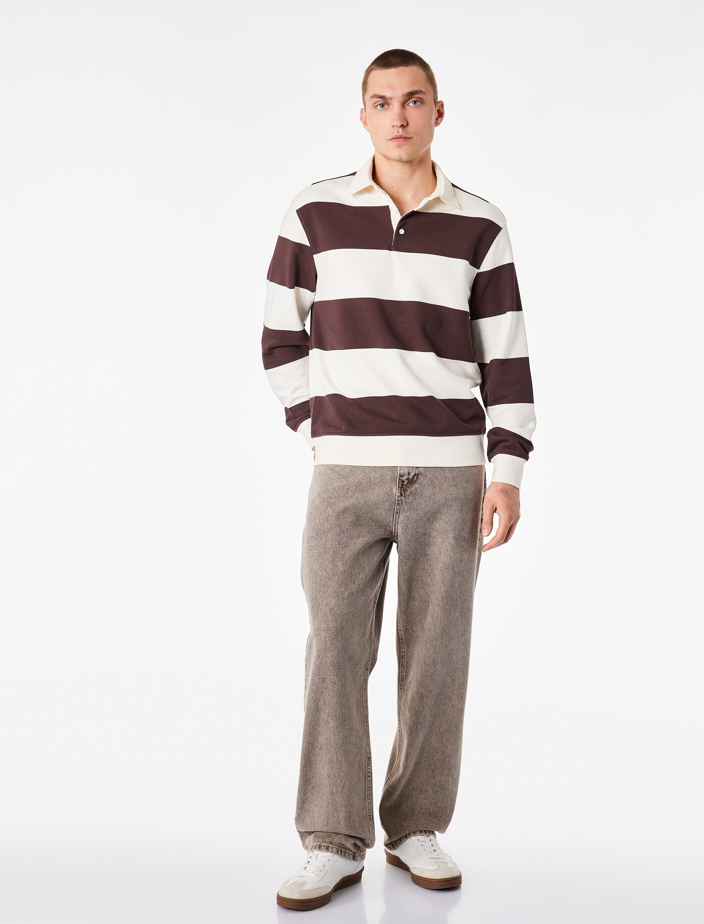   Uzun Kollu Rahat Kalıp Çizgili Düğmeli Polo Yaka Sweatshirt