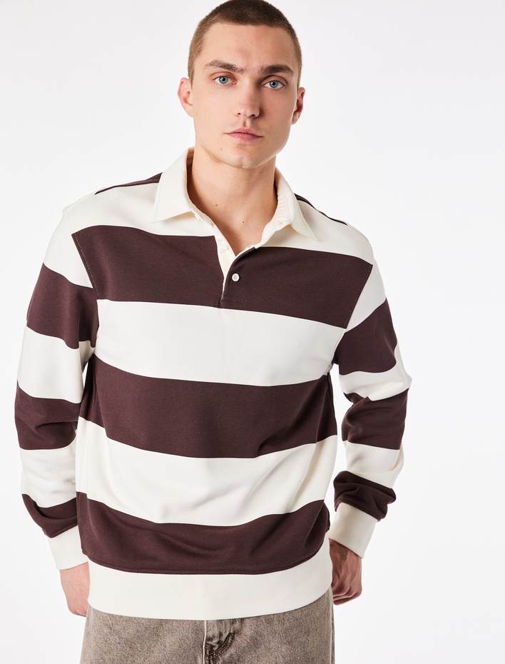  Uzun Kollu Rahat Kalıp Çizgili Düğmeli Polo Yaka Sweatshirt