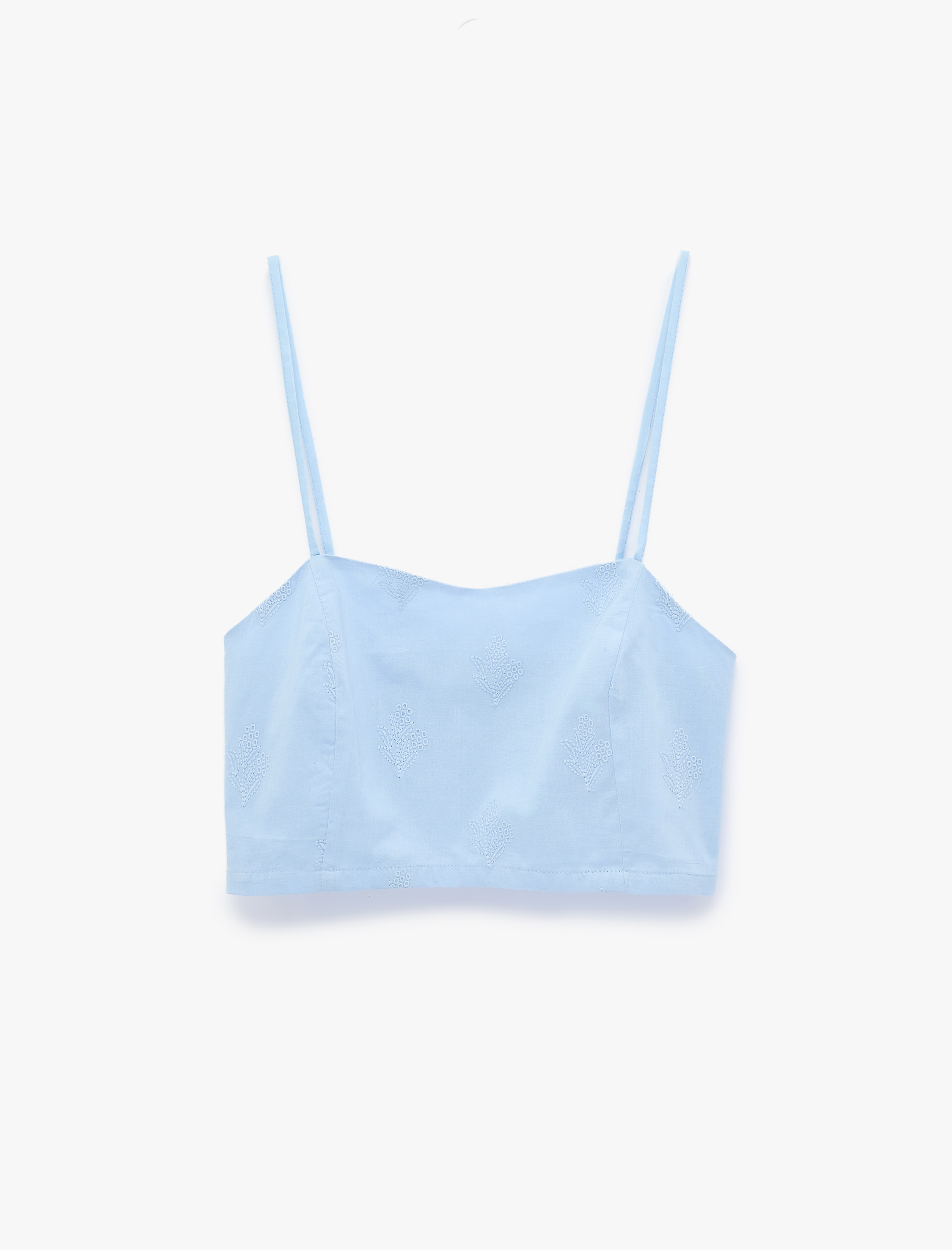   Pamuklu İşlemeli Dar Kesim Halter Yaka Crop Bluz