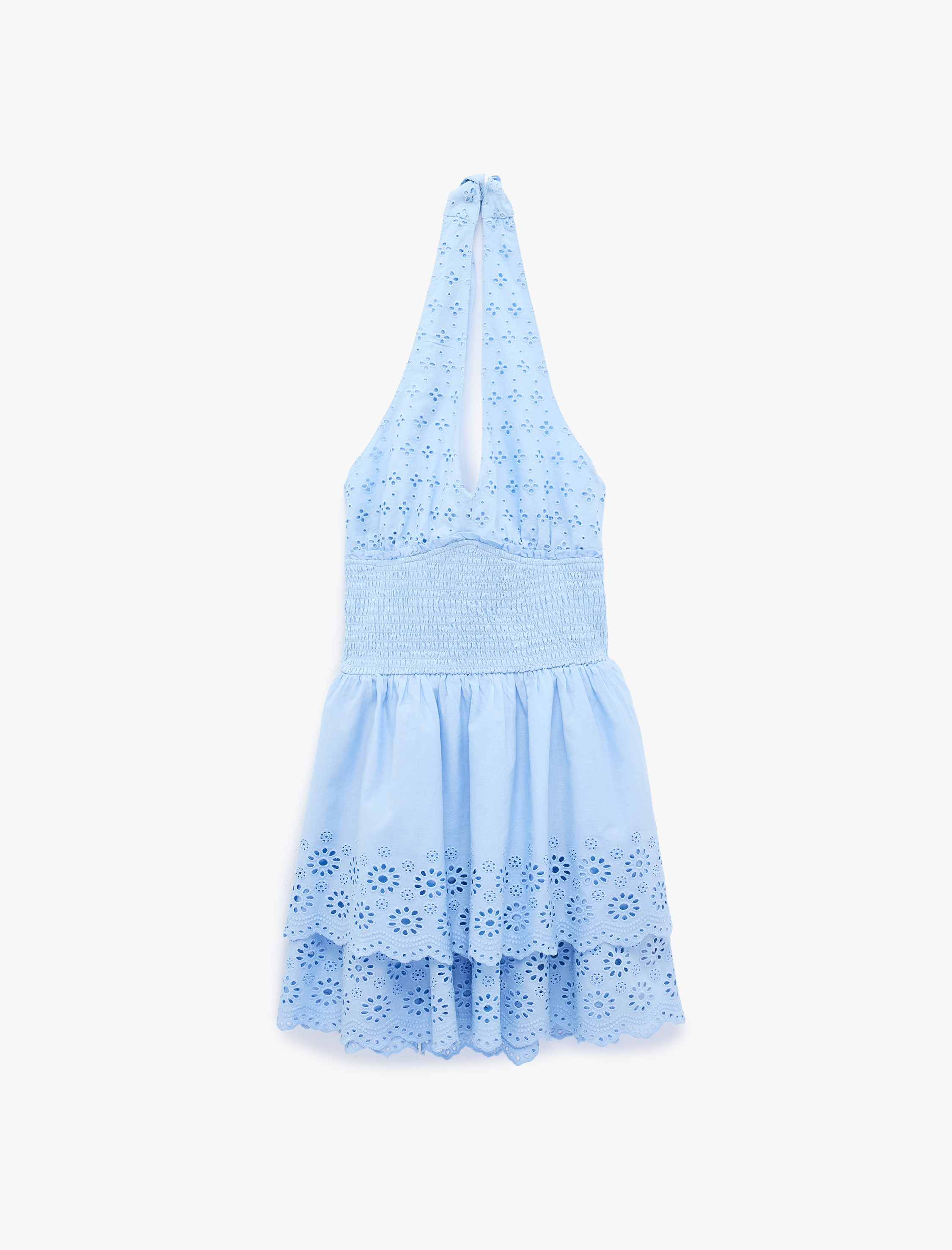   Pamuklu Gipeli Katlı Volanlı Mini Fisto Halter Yaka Elbise