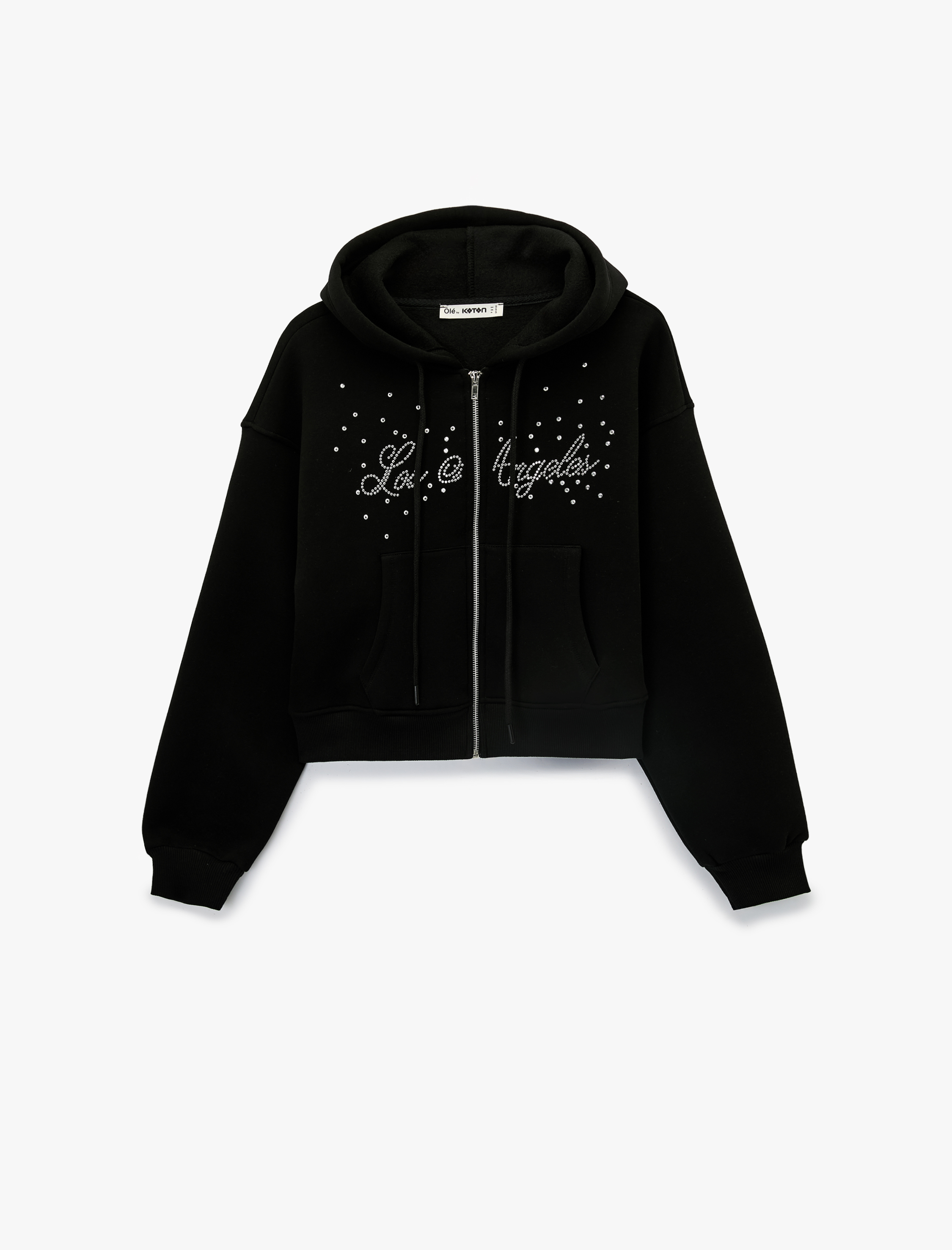   Uzun Kollu Taş Detaylı Şardonlu Kapüşonlu Sweatshirt