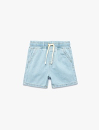 Pamuklu Cepli Beli Bağcıklı Denim Şort