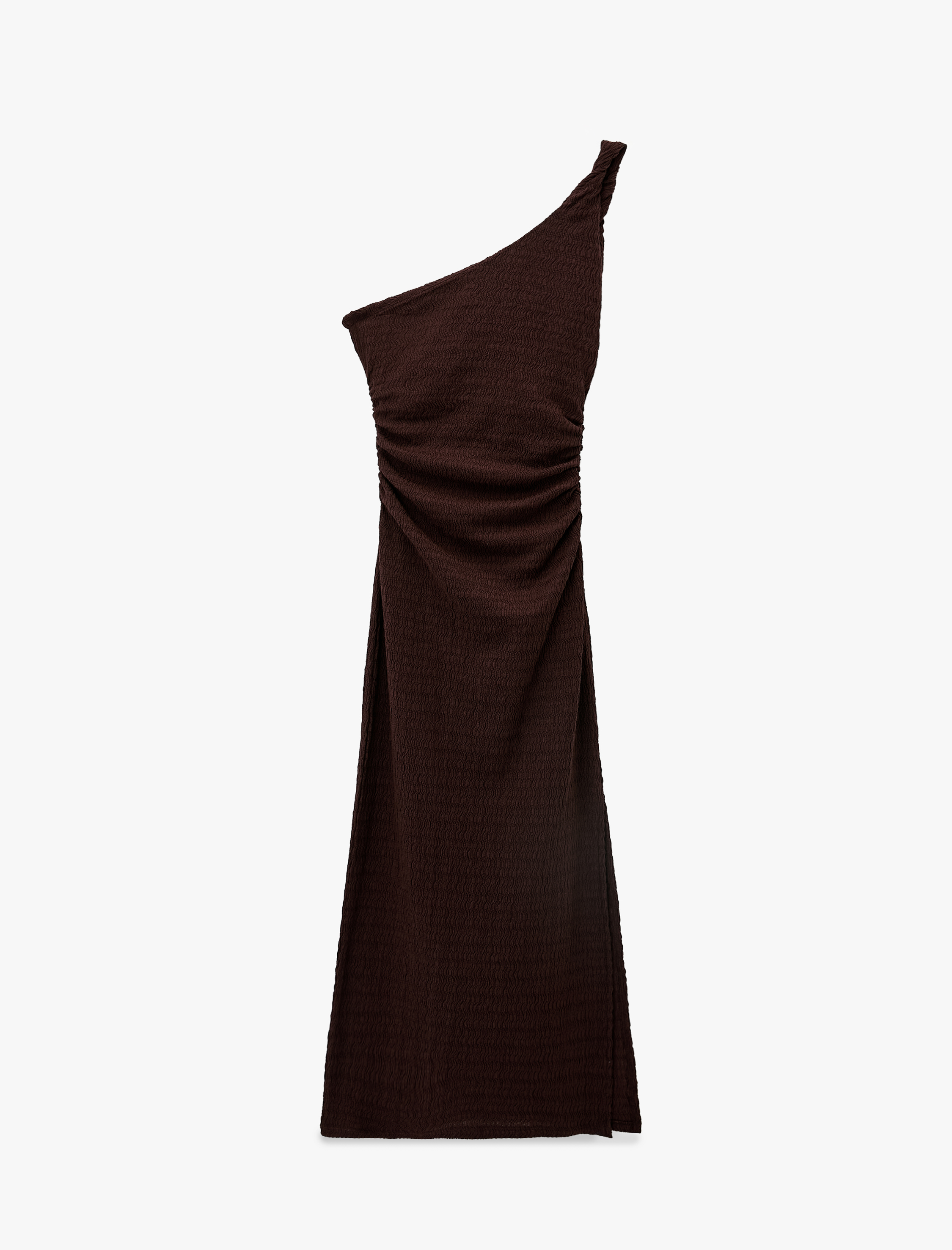   Bürümcük Kumaş Tek Omuz Kolsuz Slim Fit Drapeli Uzun Elbise