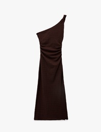 Bürümcük Kumaş Tek Omuz Kolsuz Slim Fit Drapeli Uzun Elbise