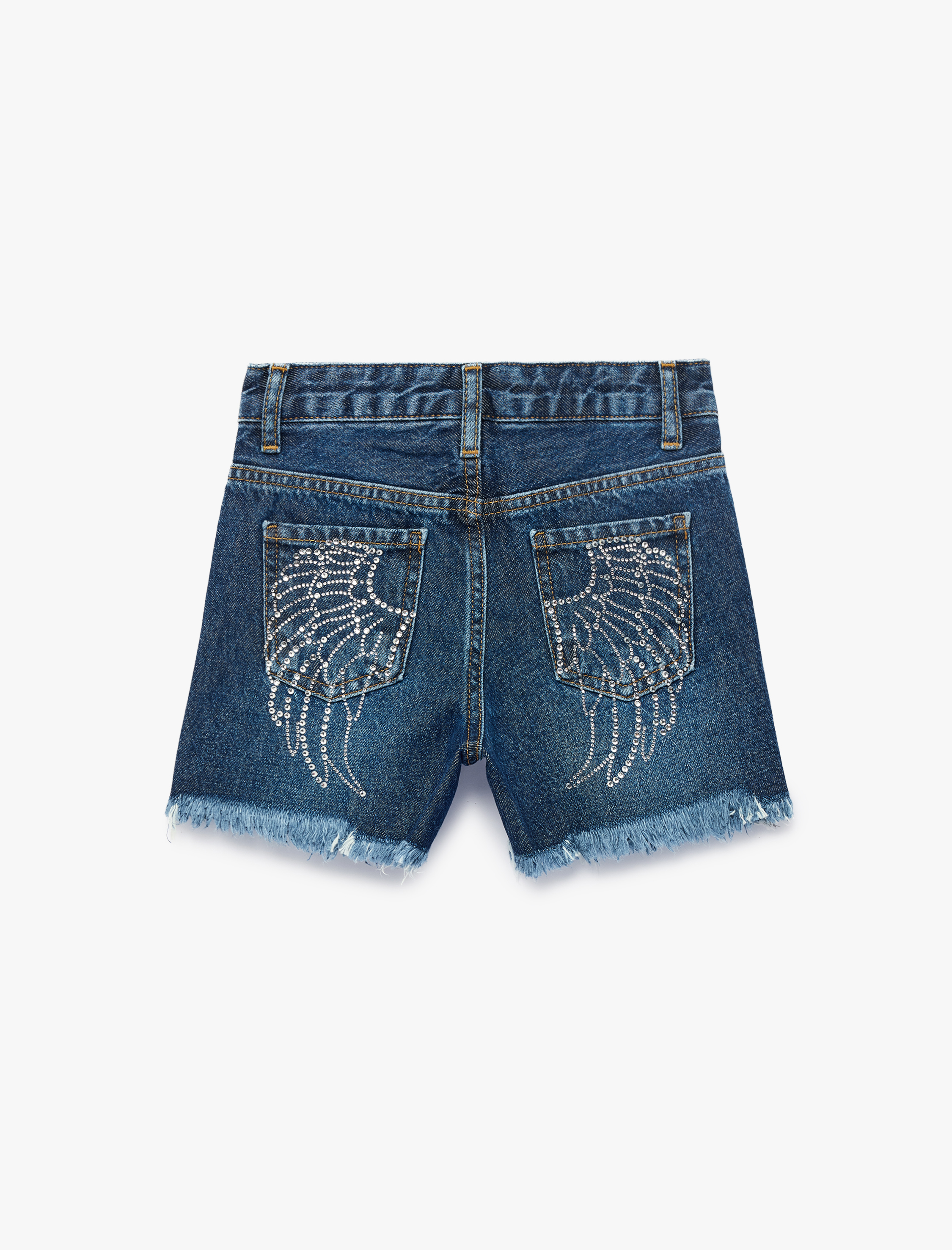  Kız Çocuk Pamuklu Cepli Püsküllü Taş Detaylı Denim Şort