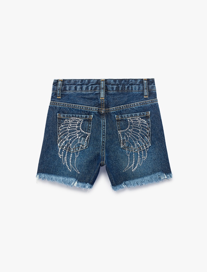 Kız Çocuk Pamuklu Cepli Püsküllü Taş Detaylı Denim Şort