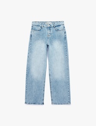 Taş Detaylı Düz Paça Normal Bel Pamuklu Baggy Denim Pantolon - Baggy Jeans