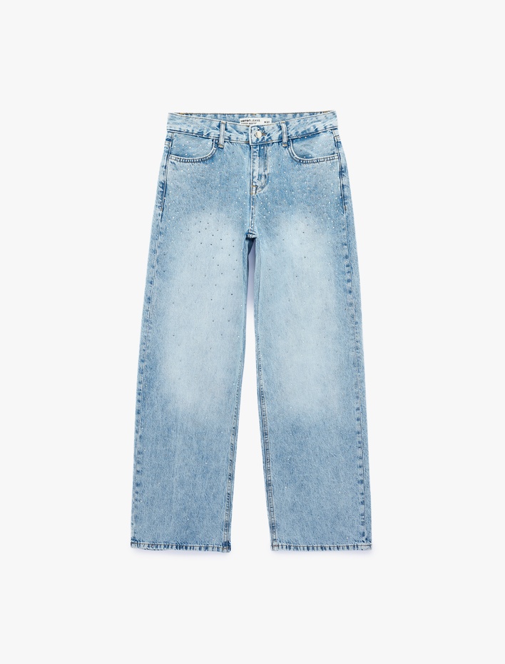  Taş Detaylı Düz Paça Normal Bel Pamuklu Baggy Denim Pantolon - Baggy Jeans