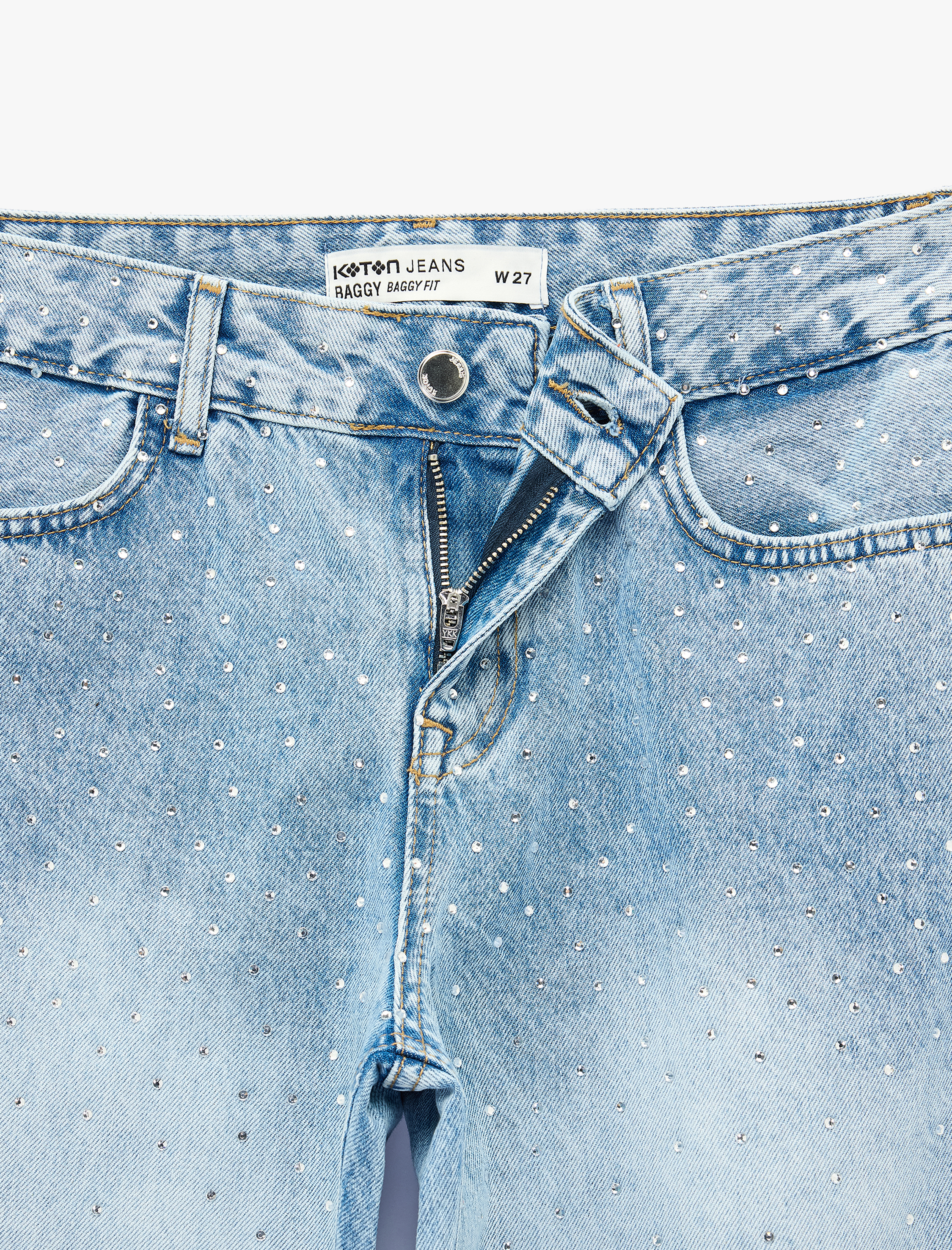   Taş Detaylı Düz Paça Normal Bel Pamuklu Baggy Denim Pantolon - Baggy Jeans
