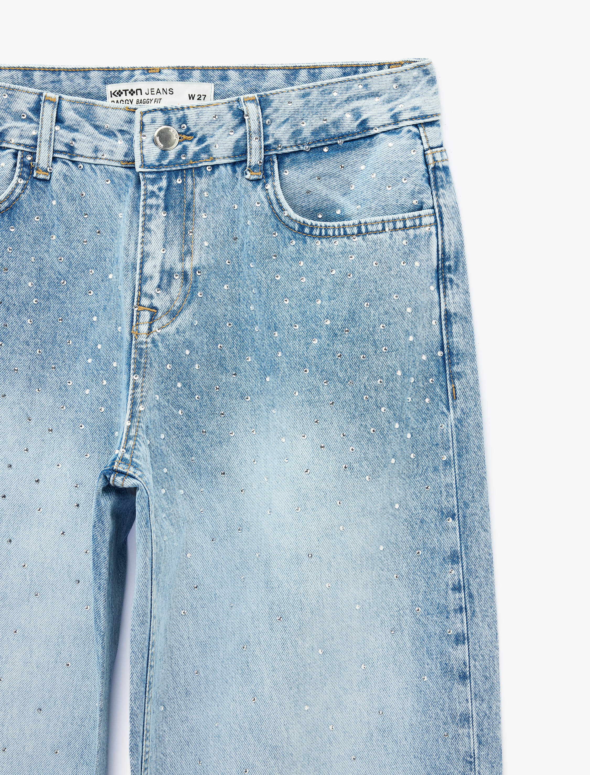   Taş Detaylı Düz Paça Normal Bel Pamuklu Baggy Denim Pantolon - Baggy Jeans