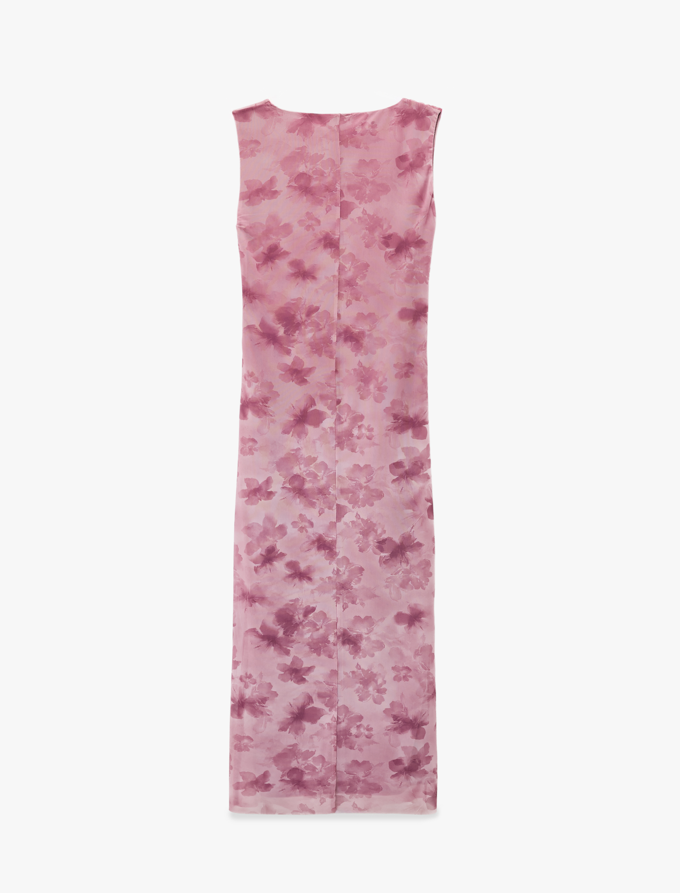   Dik Yaka Kolsuz Drapeli Bodycon Yırtmaçlı Çiçekli Uzun Tül Elbise