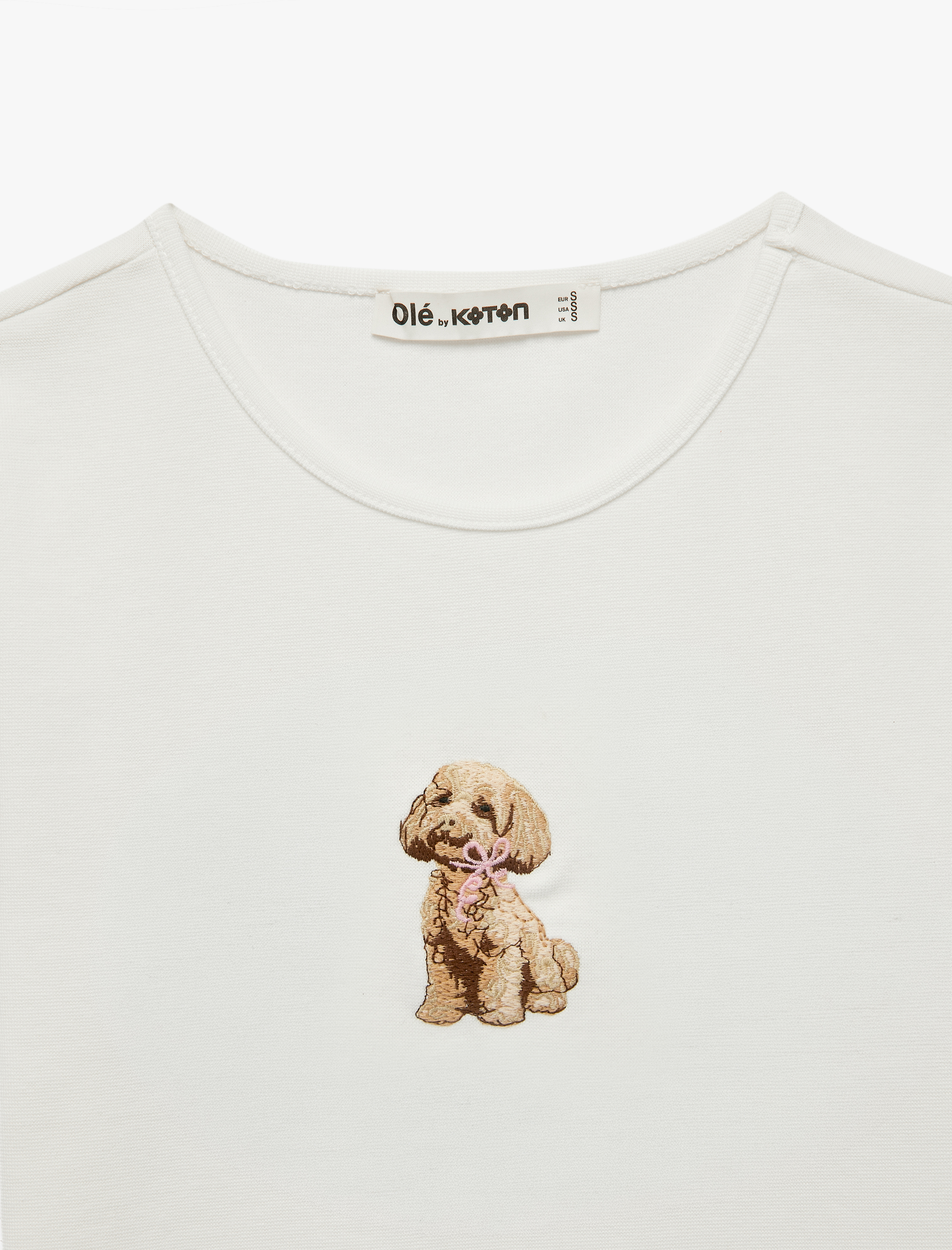   Slim Fit Köpek Nakış Detaylı Kısa Kollu Bisiklet Yaka Tişört