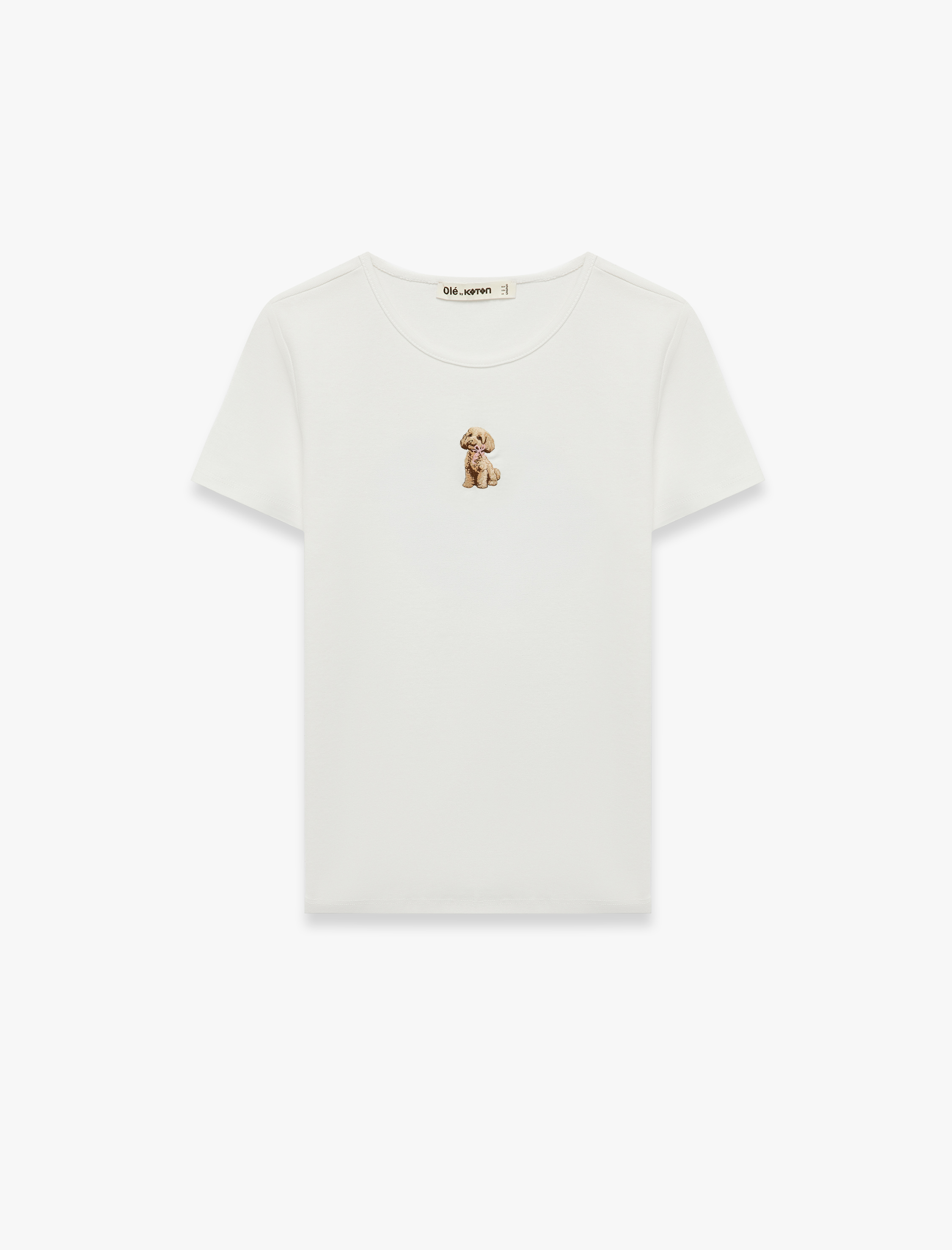   Slim Fit Köpek Nakış Detaylı Kısa Kollu Bisiklet Yaka Tişört