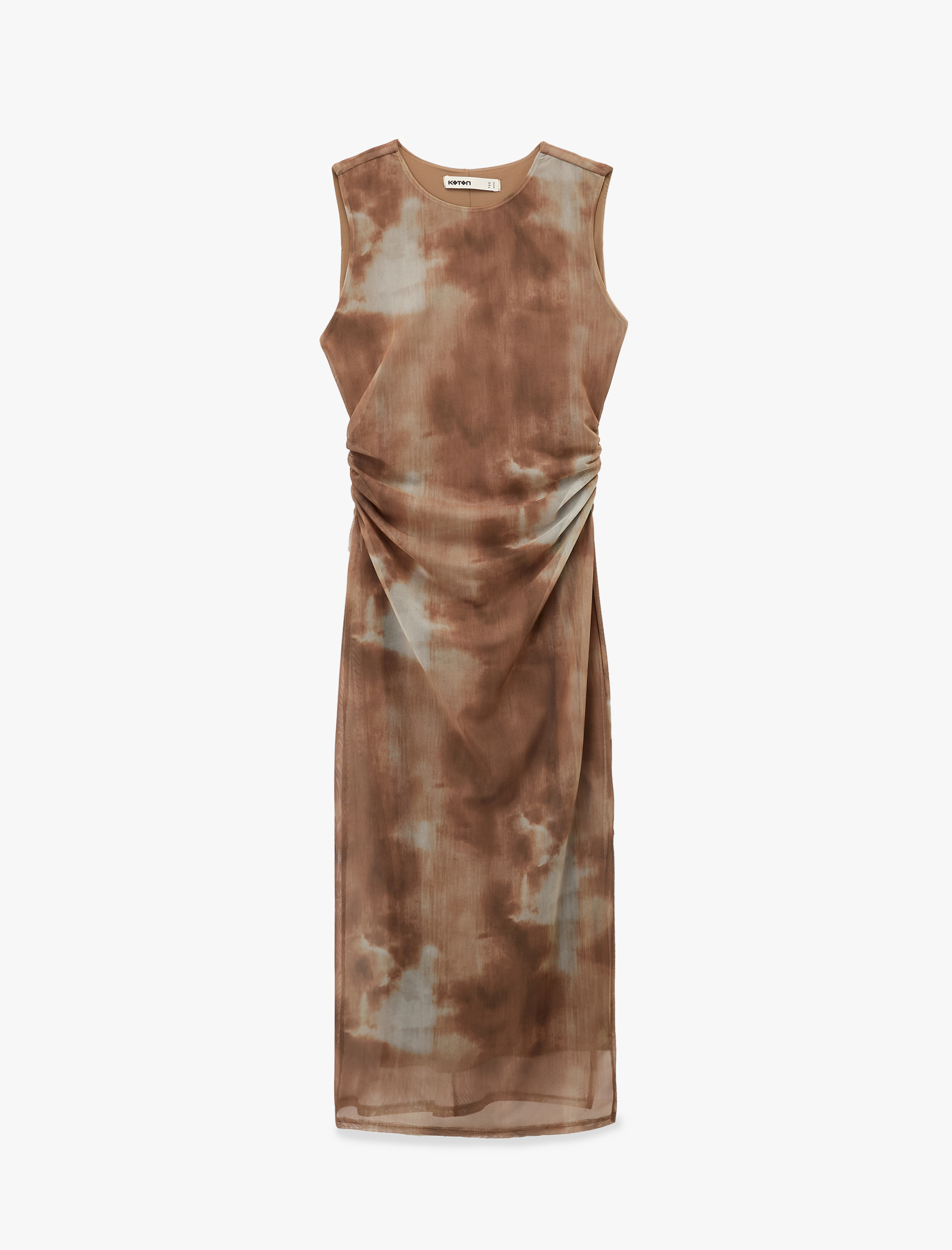   Drapeli Slim Fit Kolsuz Bisiklet Yaka Batik Desenli Midi Elbise