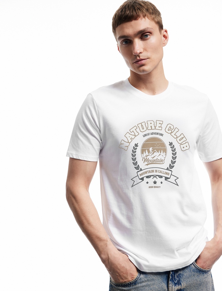  Bisiklet Yaka Kısa Kollu Pamuklu Baskılı Slim Fit Tişört