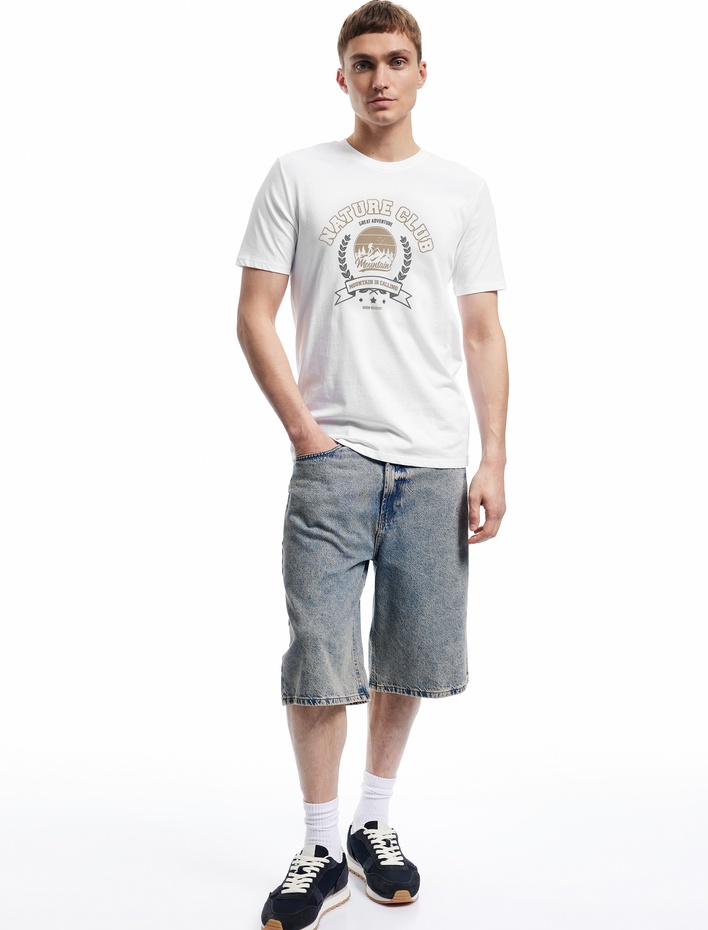  Bisiklet Yaka Kısa Kollu Pamuklu Baskılı Slim Fit Tişört