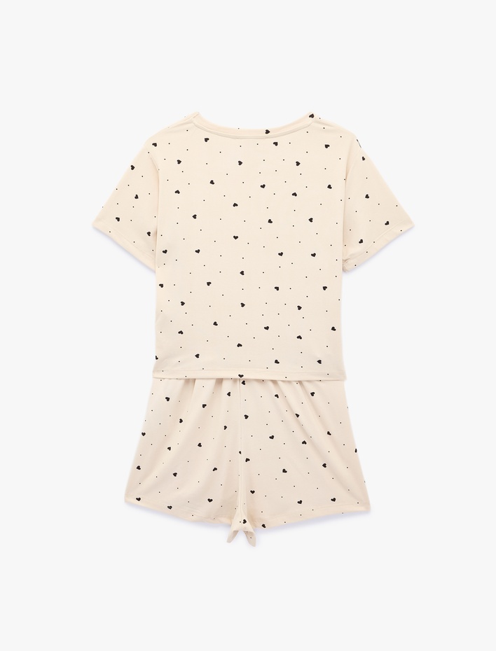  Rahat Kalıp Kalp Desenli Kısa Kollu Şortlu Pijama Takımı